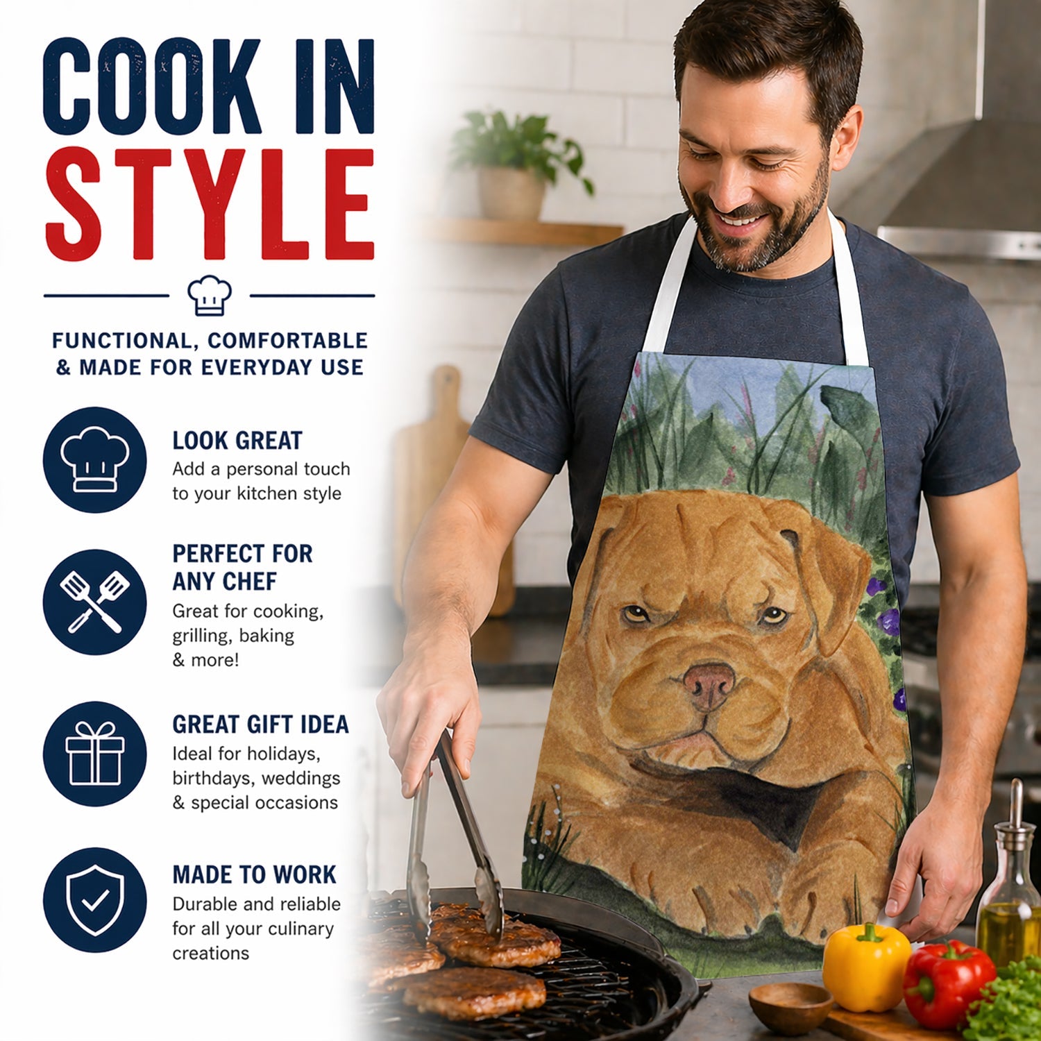 Dogue de Bordeaux Apron Cooking Kitchen Server Baking Crafts Gardening for Adult Women Men, Unisex, Large, Multicolor