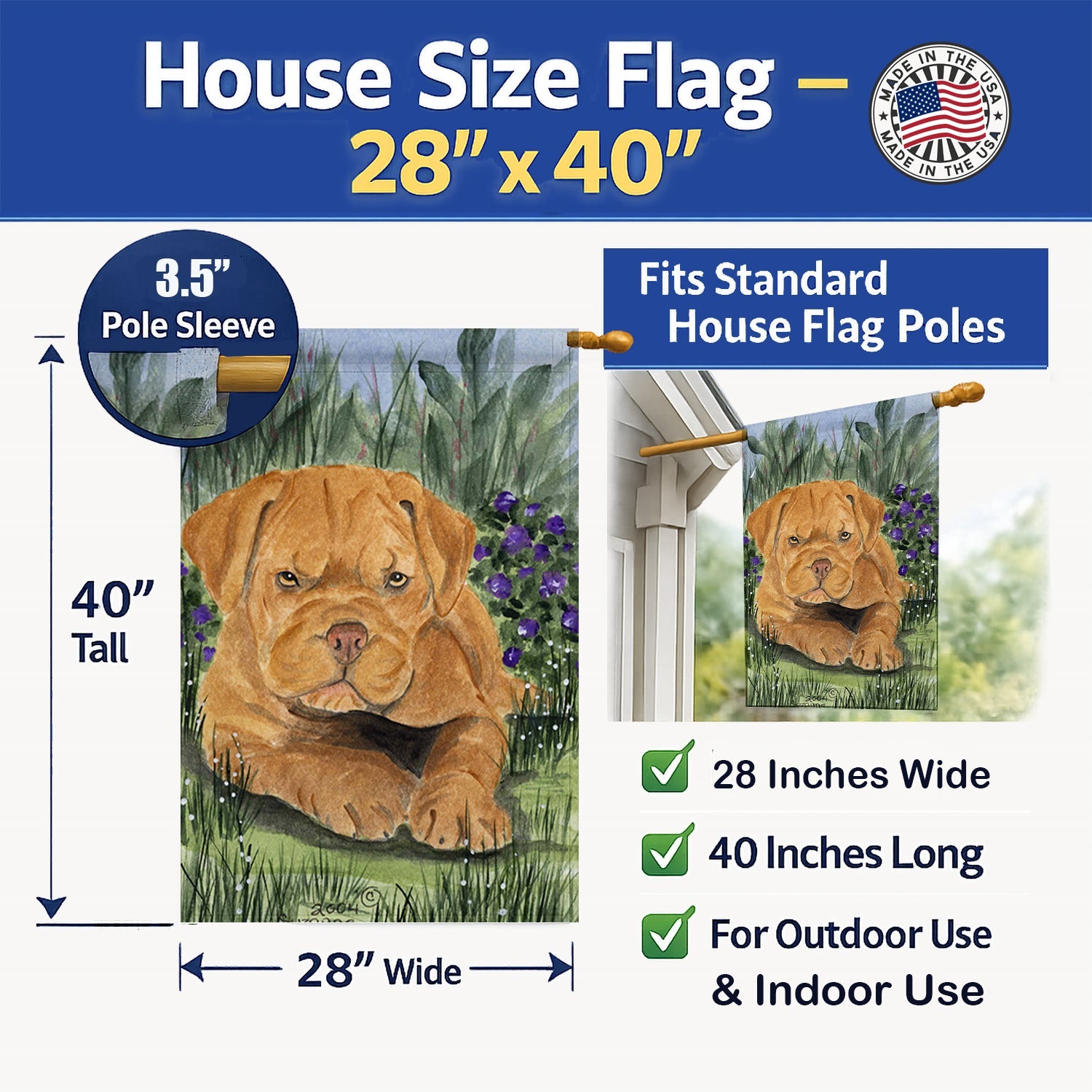 Dogue de Bordeaux House Flag 28x40 Porch Sleeve Pole Decorative Outside Yard Banner Artwork Wall Hanging, Polyester