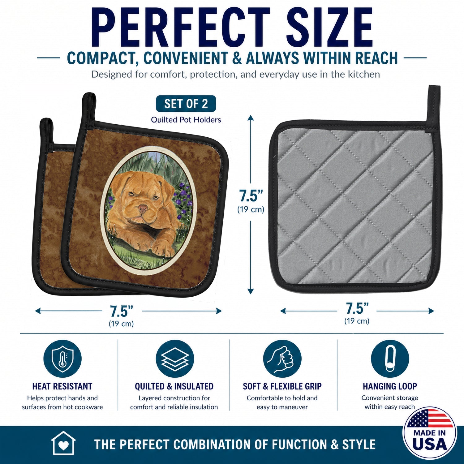 Dogue de Bordeaux Pot Holder Set of 2 Heat Resistant Quilted Hot Pads 7.5 x 7.5 Inch, Insulated Kitchen Trivets for Cooking & Baking