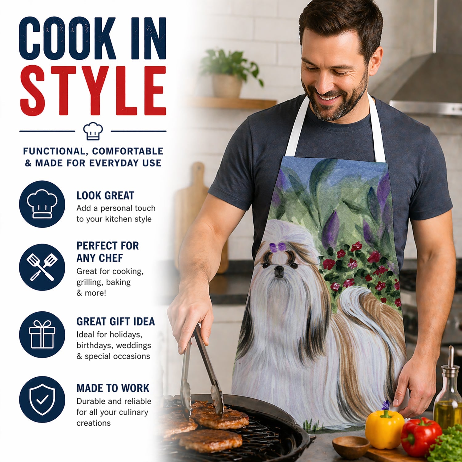 Shih Tzu Apron Cooking Kitchen Server Baking Crafts Gardening for Adult Women Men, Unisex, Large, Multicolor