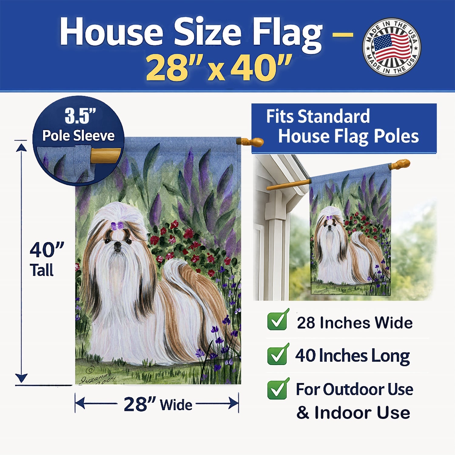 Shih Tzu House Flag 28x40 Porch Sleeve Pole Decorative Outside Yard Banner Artwork Wall Hanging, Polyester