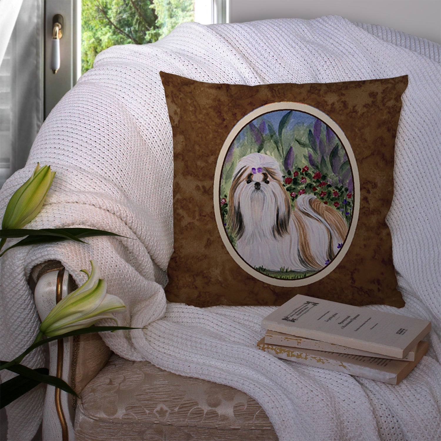 Shih Tzu Decorative Throw Pillow 14x14 Indoor Outdoor Accent Cushion, Fabric Cover with Insert for Sofa, Bed, Porch & Living Room