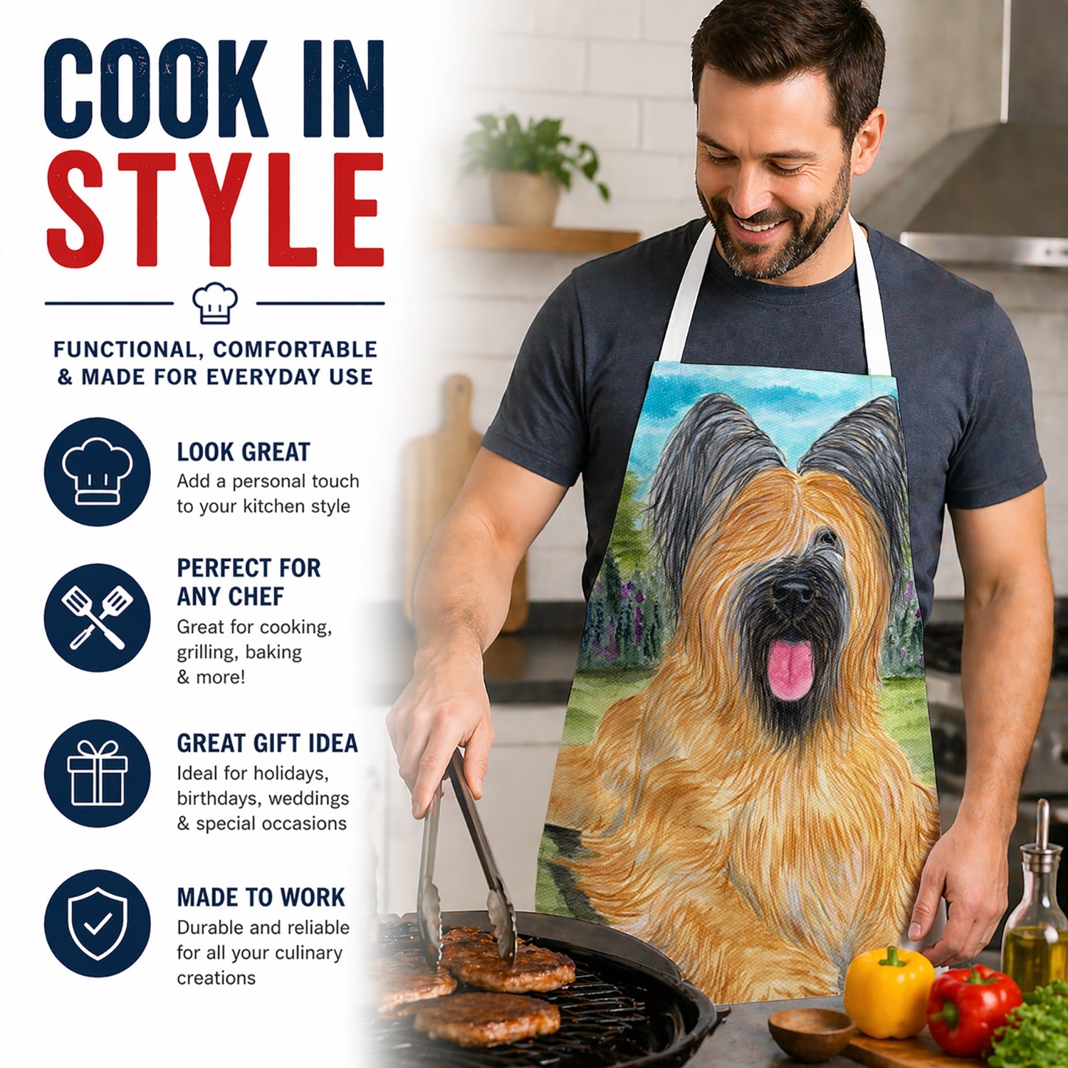 Briard Apron Cooking Kitchen Server Baking Crafts Gardening for Adult Women Men, Unisex, Large, Multicolor