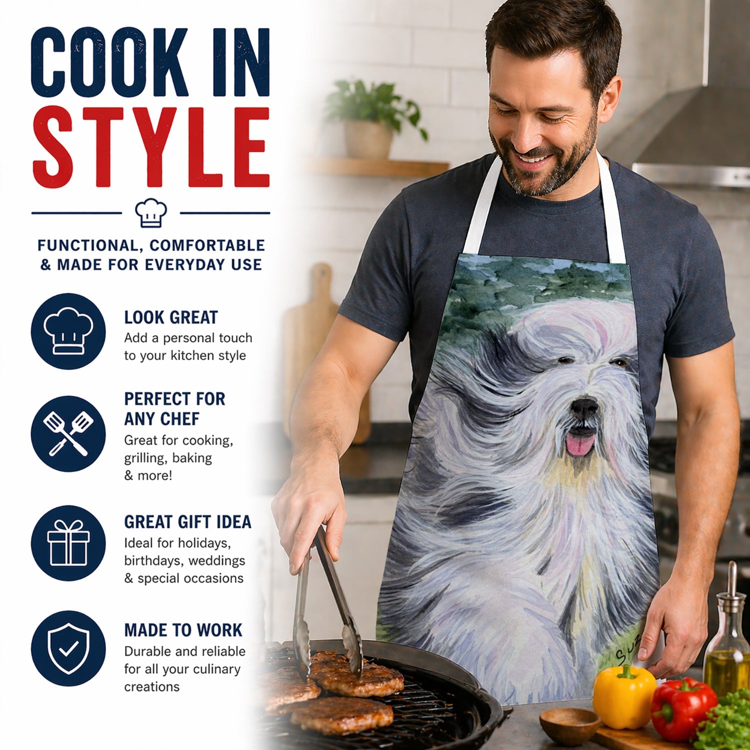 Bearded Collie Apron Cooking Kitchen Server Baking Crafts Gardening for Adult Women Men, Unisex, Large, Multicolor