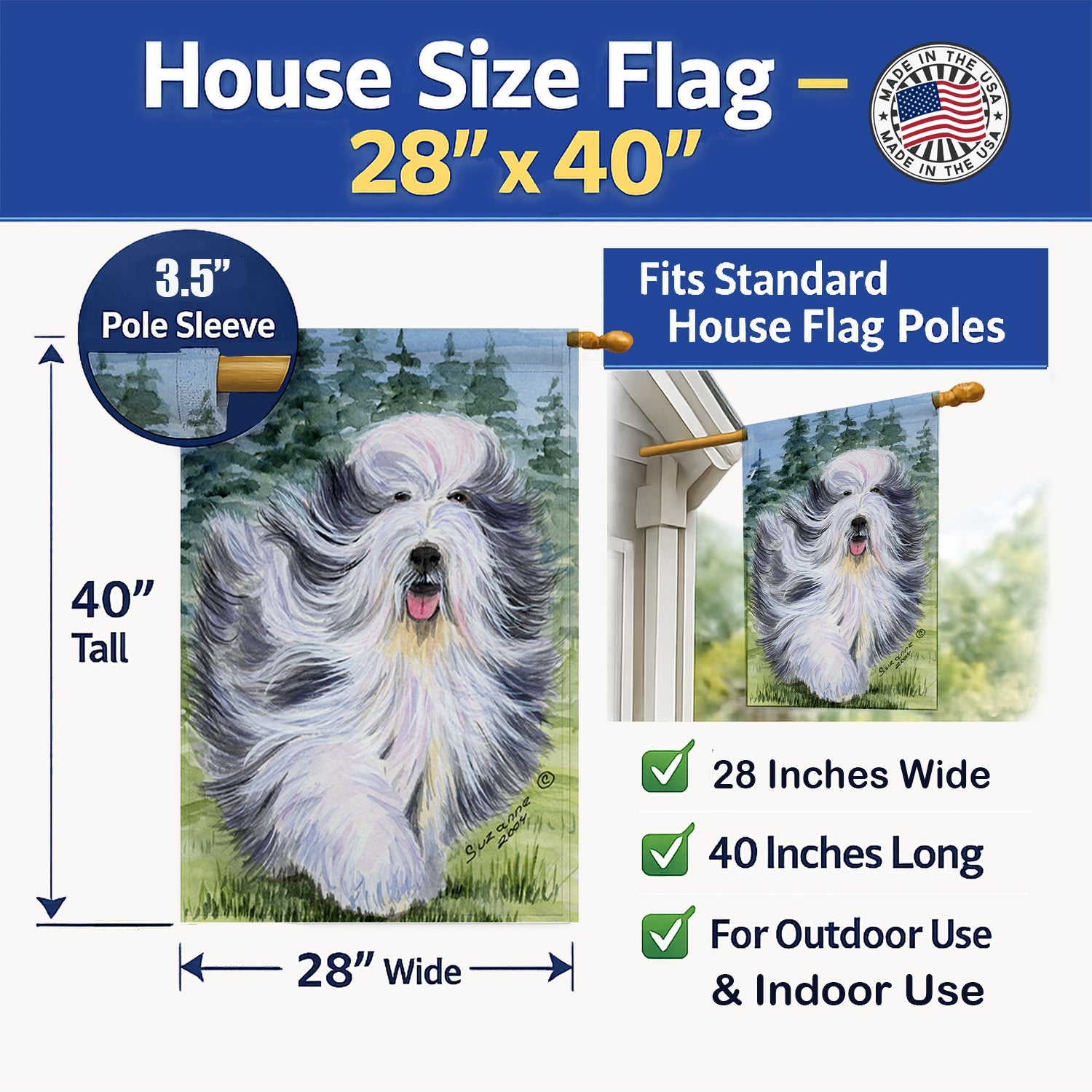 Bearded Collie House Flag 28x40 Porch Sleeve Pole Decorative Outside Yard Banner Artwork Wall Hanging, Polyester