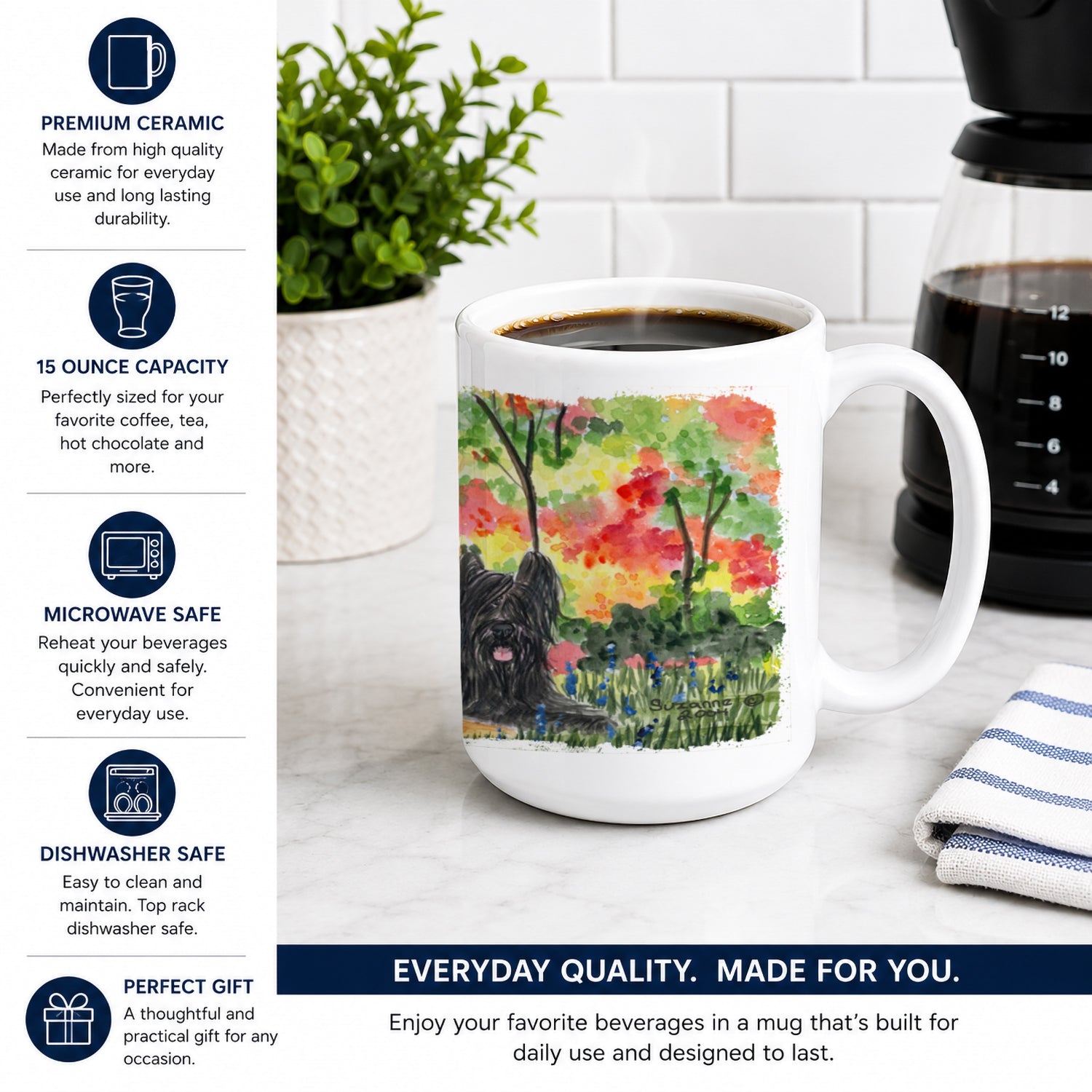 Briard Ceramic Coffee Mug 15 oz Decorative Large C Handle Mug Cup for Tea, Cocoa Hot Chocolate