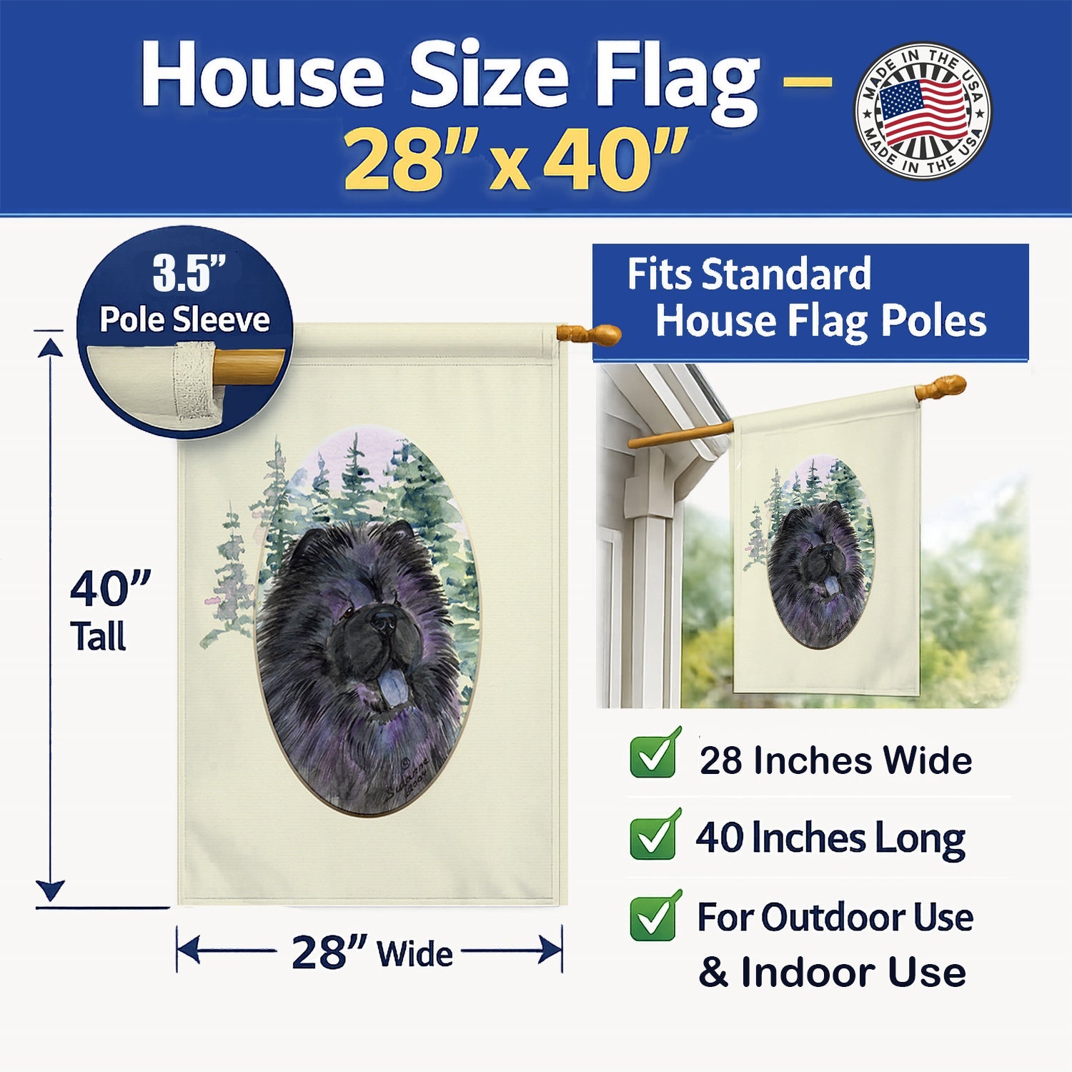 Chow Chow House Flag 28x40 Porch Sleeve Pole Decorative Outside Yard Banner Artwork Wall Hanging, Polyester