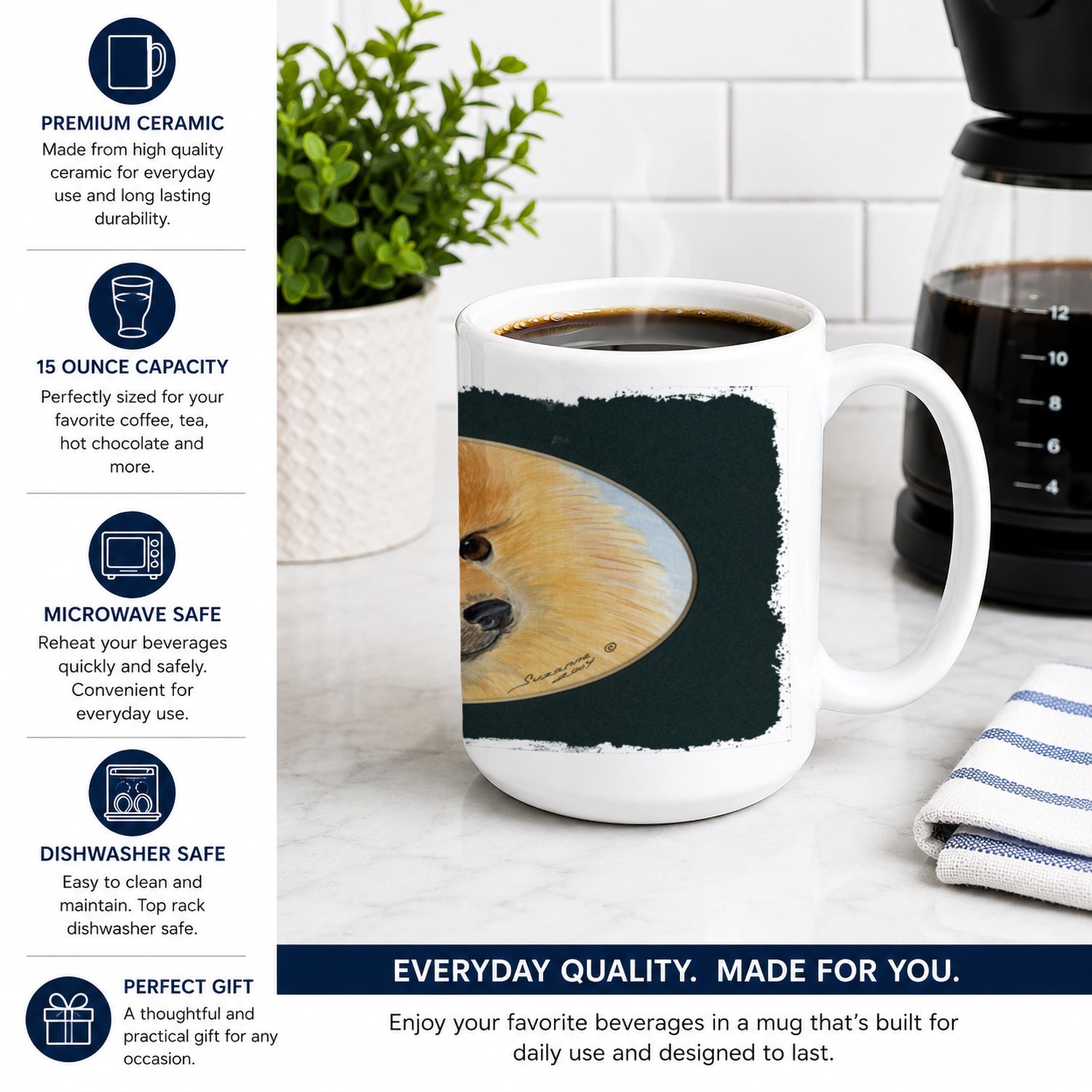 Pomeranian Ceramic Coffee Mug 15 oz Decorative Large C Handle Mug Cup for Tea, Cocoa Hot Chocolate