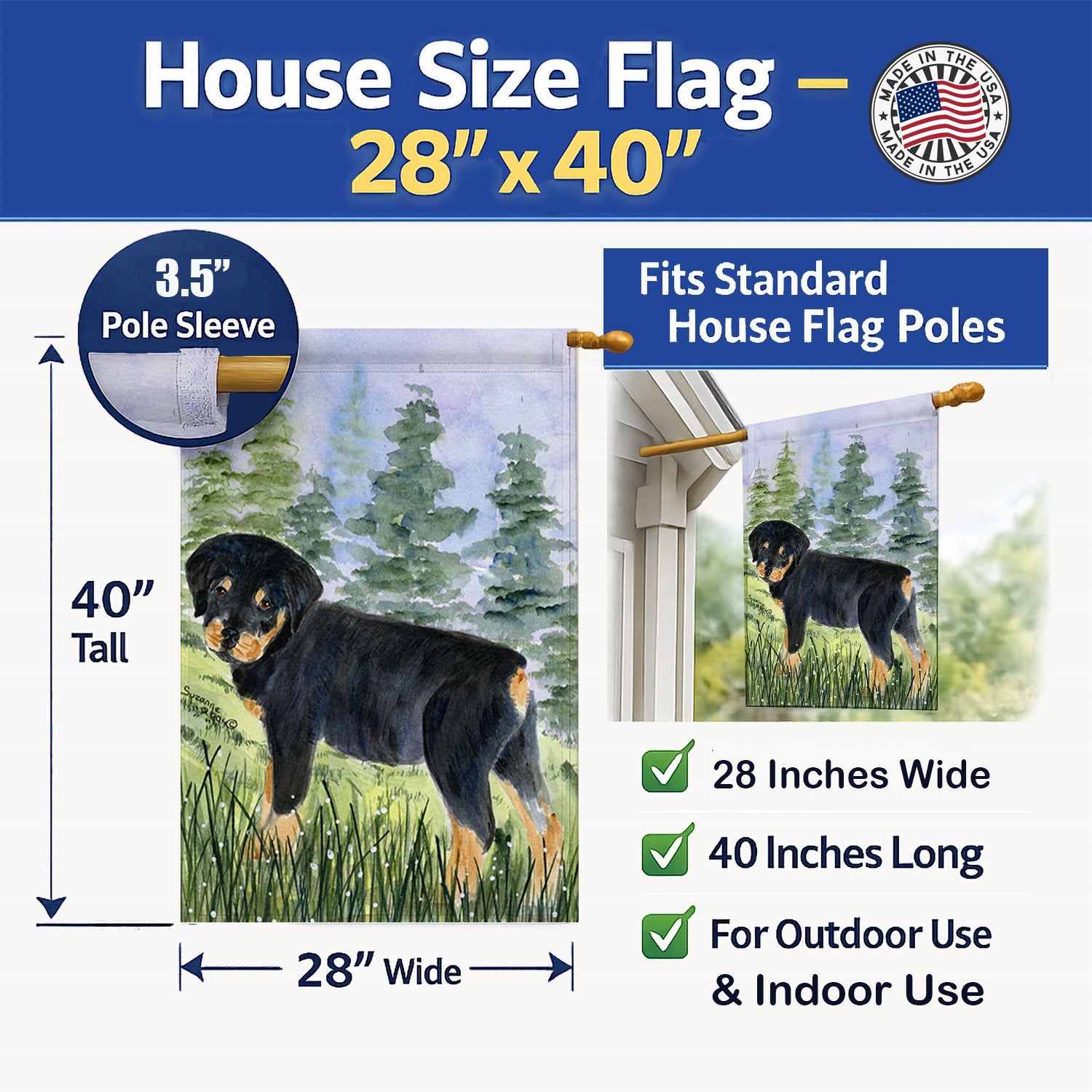 Rottweiler House Flag 28x40 Porch Sleeve Pole Decorative Outside Yard Banner Artwork Wall Hanging, Polyester