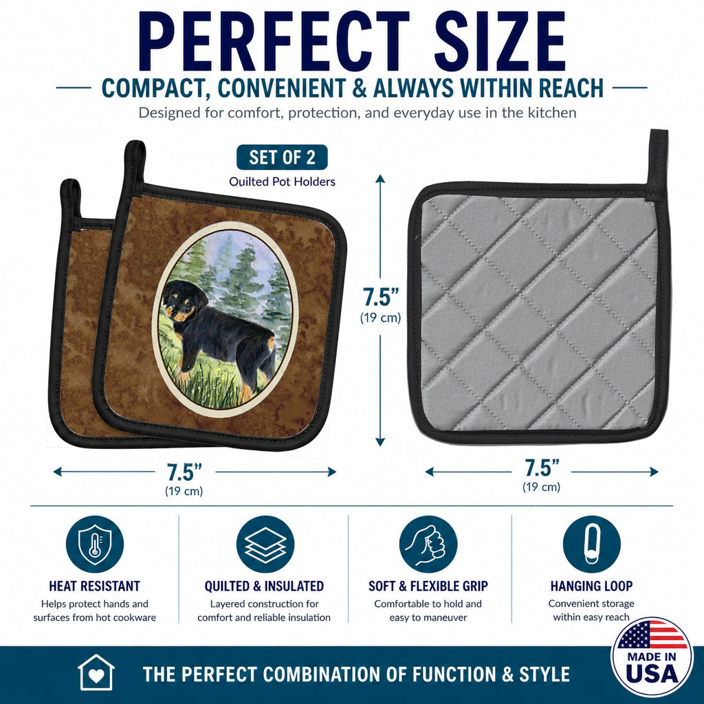 Rottweiler Pot Holder Set of 2 Heat Resistant Quilted Hot Pads 7.5 x 7.5 Inch, Insulated Kitchen Trivets for Cooking & Baking