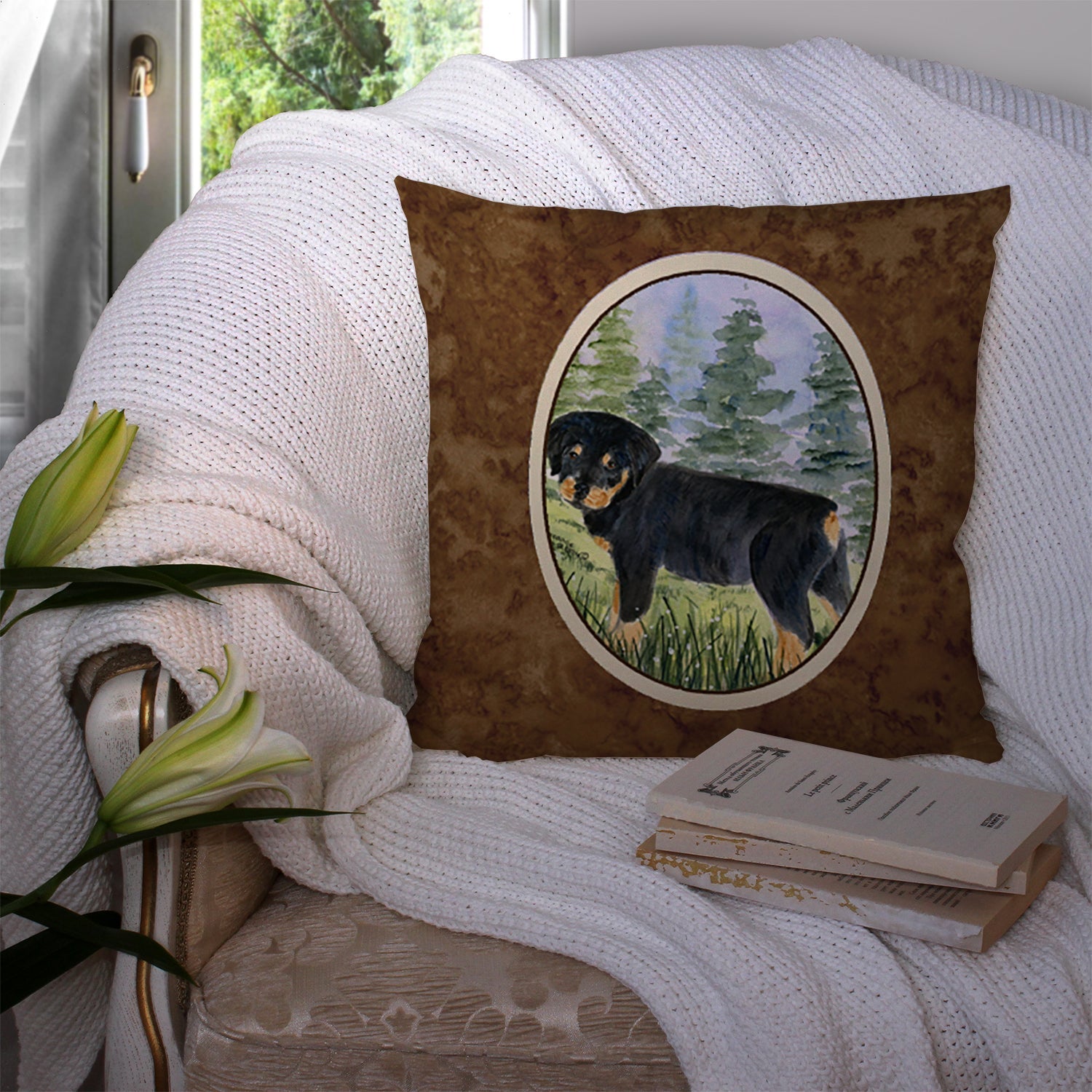 Rottweiler Decorative Throw Pillow 14x14 Indoor Outdoor Accent Cushion, Fabric Cover with Insert for Sofa, Bed, Porch & Living Room
