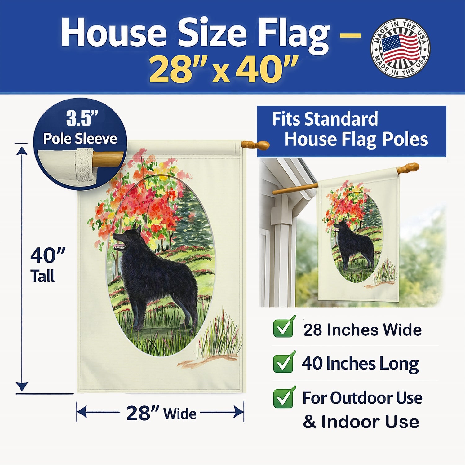 Schipperke House Flag 28x40 Porch Sleeve Pole Decorative Outside Yard Banner Artwork Wall Hanging, Polyester