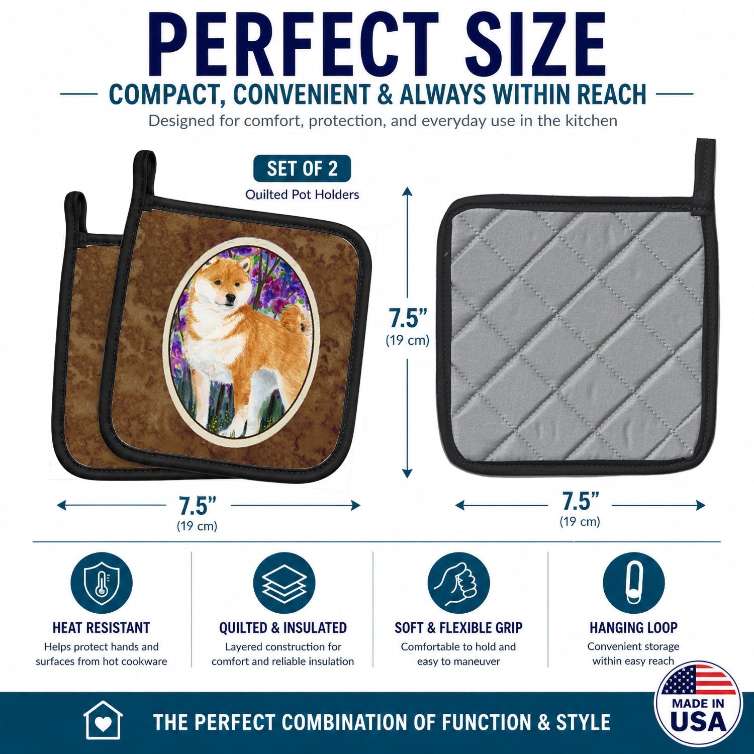 Shiba Inu Pot Holder Set of 2 Heat Resistant Quilted Hot Pads 7.5 x 7.5 Inch, Insulated Kitchen Trivets for Cooking & Baking