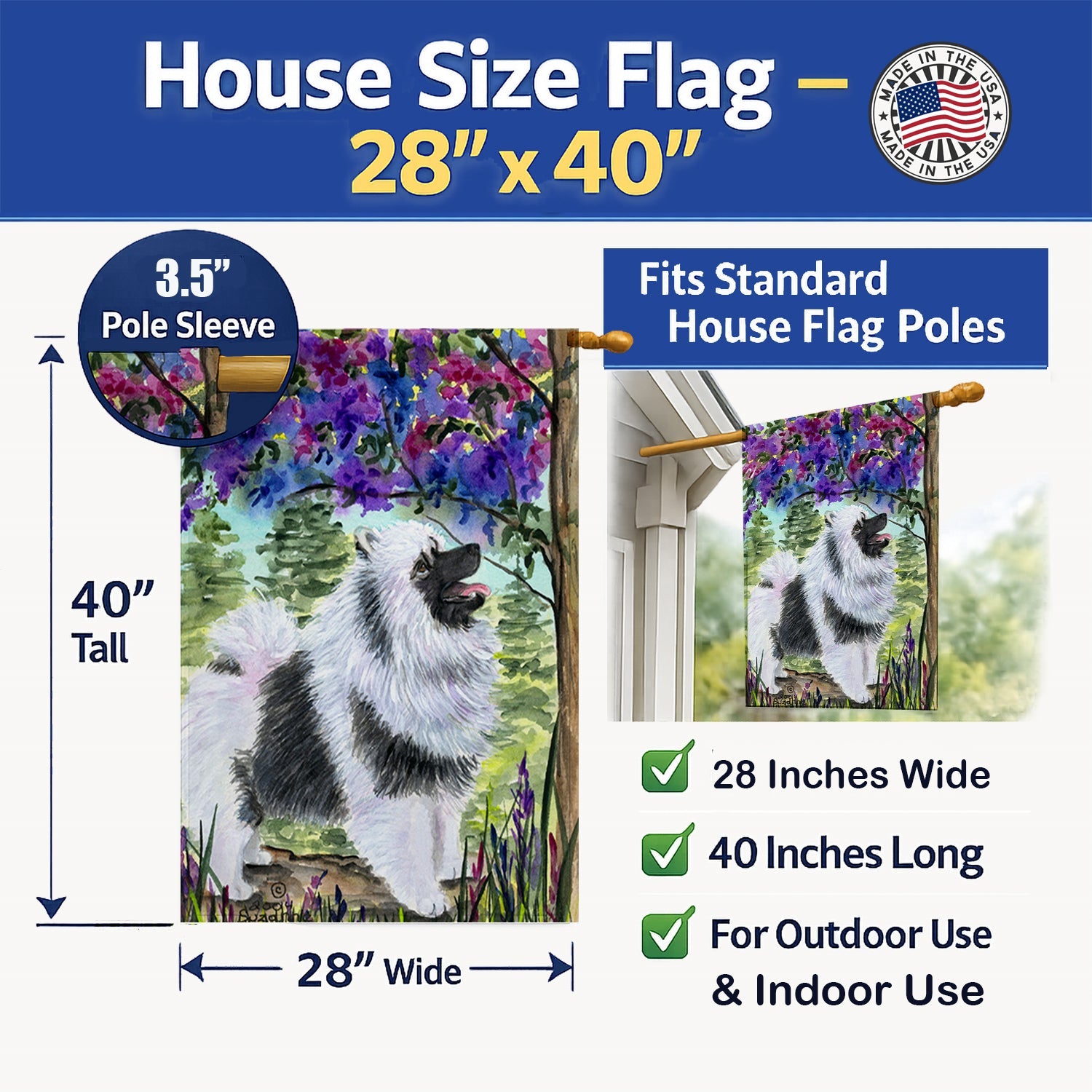 Keeshond House Flag 28x40 Porch Sleeve Pole Decorative Outside Yard Banner Artwork Wall Hanging, Polyester