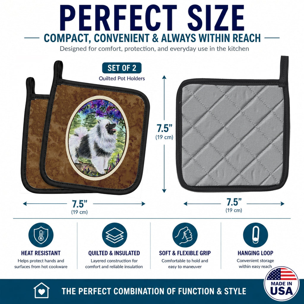 Keeshond Pot Holder Set of 2 Heat Resistant Quilted Hot Pads 7.5 x 7.5 Inch, Insulated Kitchen Trivets for Cooking & Baking