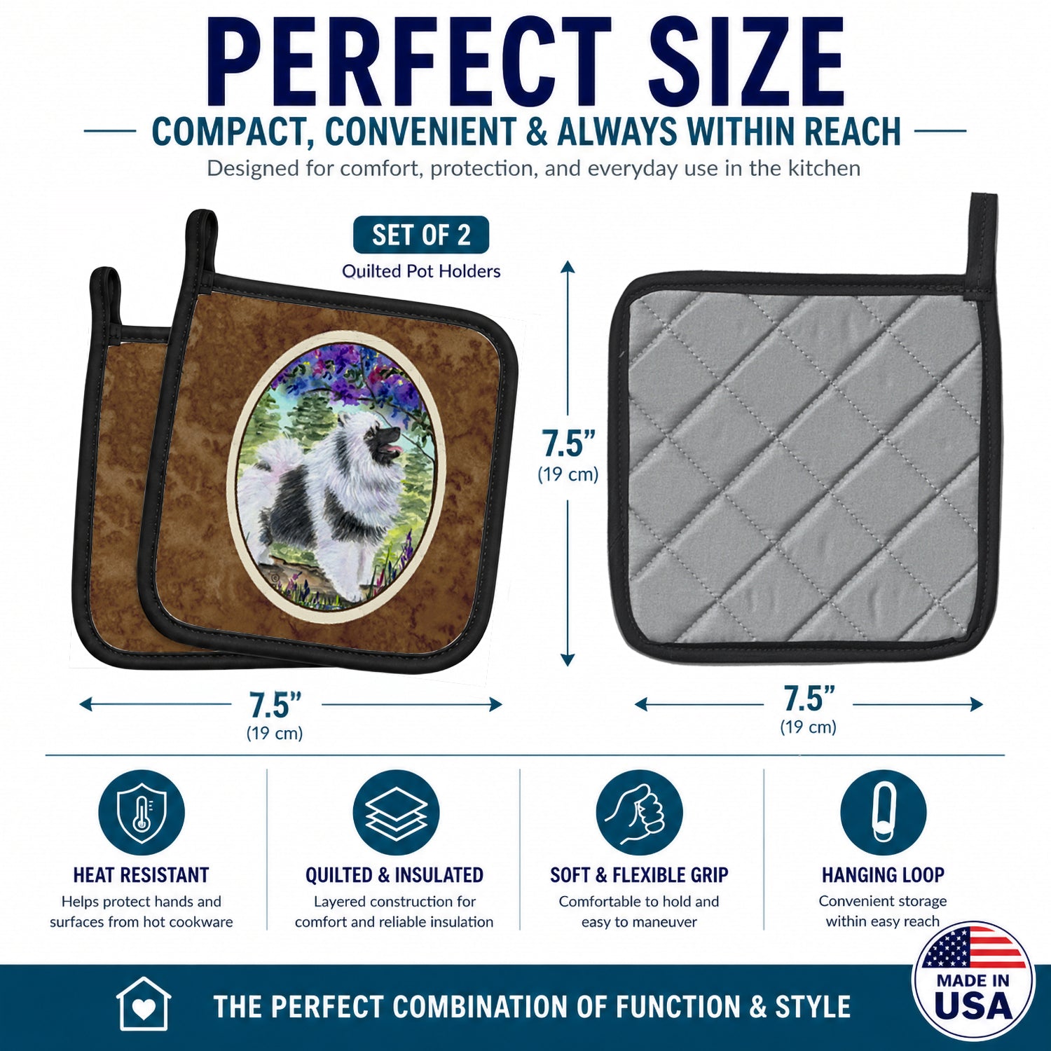 Keeshond Pot Holder Set of 2 Heat Resistant Quilted Hot Pads 7.5 x 7.5 Inch, Insulated Kitchen Trivets for Cooking & Baking