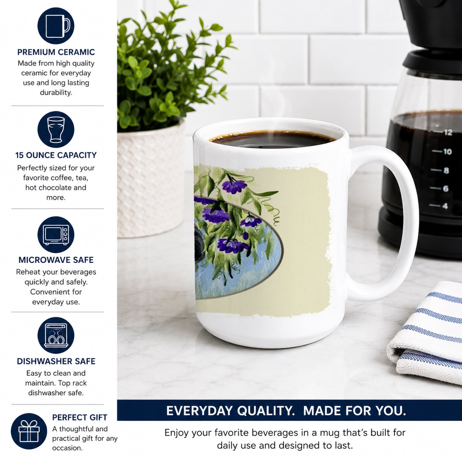 Pug Ceramic Coffee Mug 15 oz Decorative Large C Handle Mug Cup for Tea, Cocoa Hot Chocolate