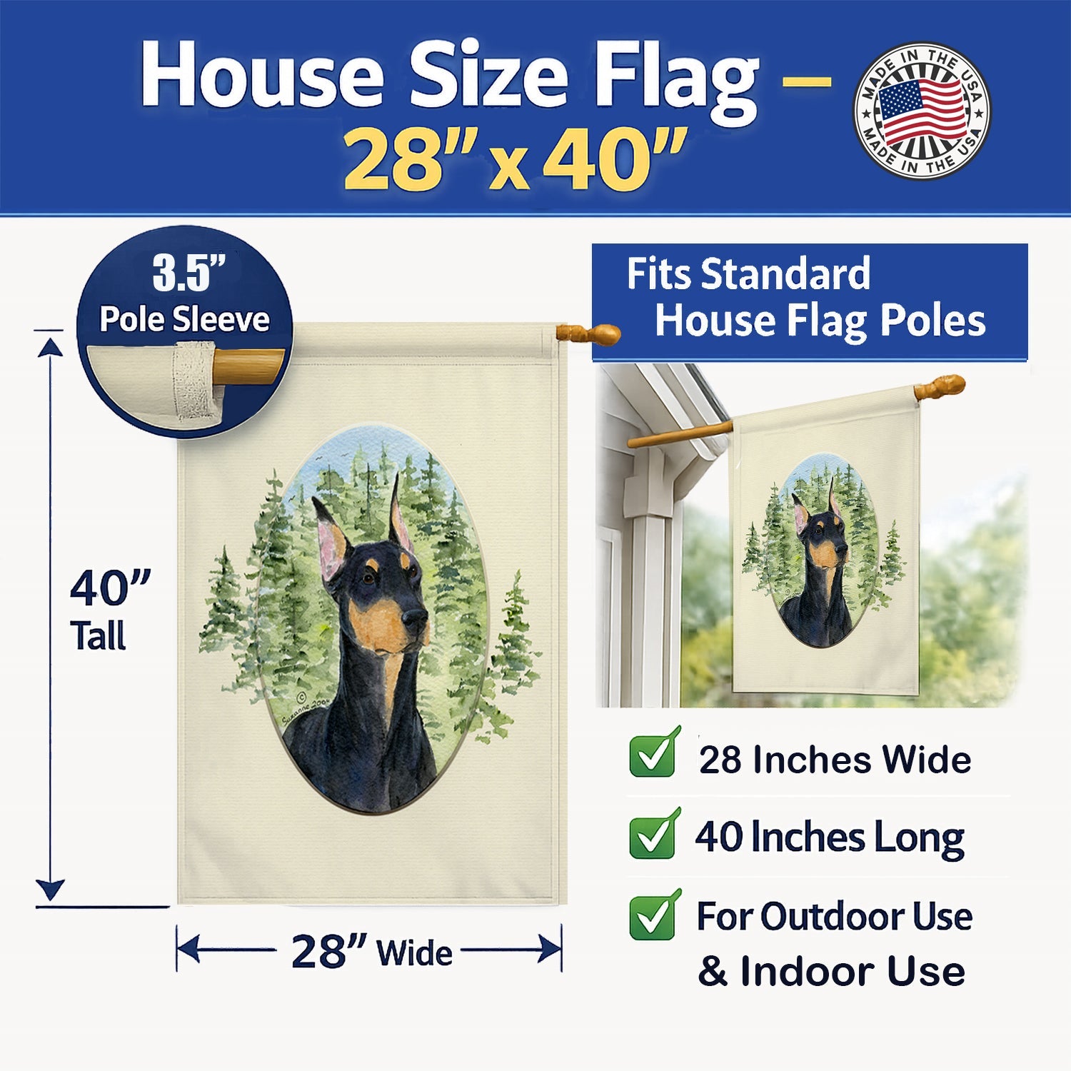 Doberman House Flag 28x40 Porch Sleeve Pole Decorative Outside Yard Banner Artwork Wall Hanging, Polyester