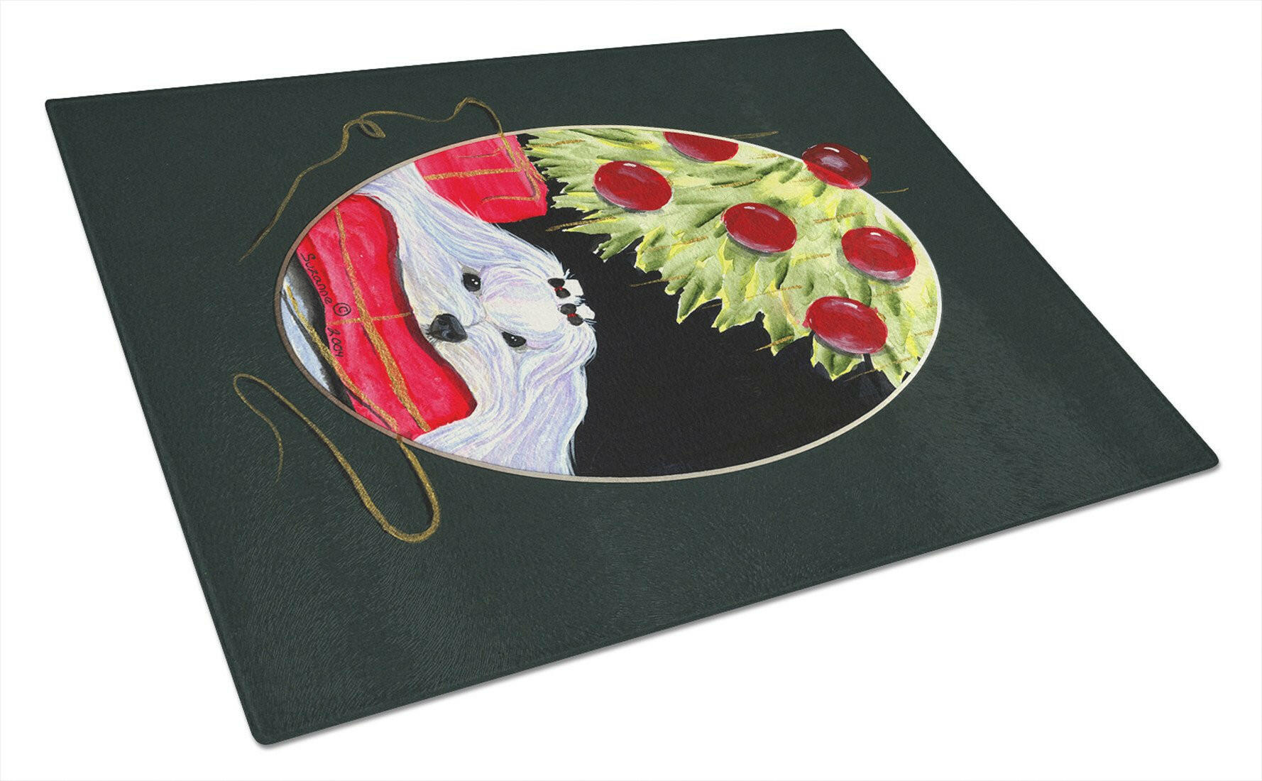 Christmas Tree with Maltese Cutting Board Tempered Glass Kitchen Cutting Surface, Heat Resistant Chopping, Non-Slip Feet, Food Prep & Serving