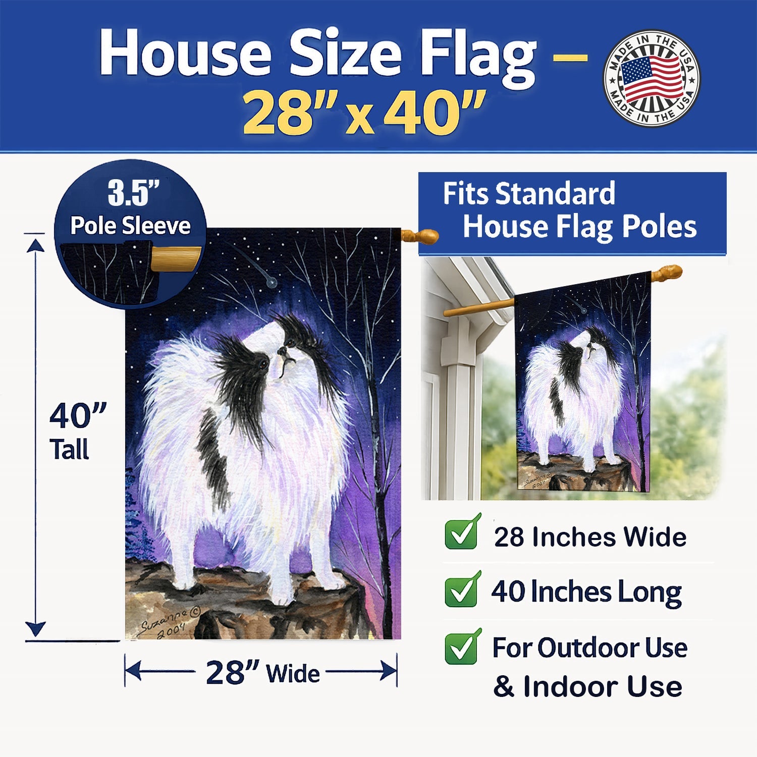 Japanese Chin House Flag 28x40 Porch Sleeve Pole Decorative Outside Yard Banner Artwork Wall Hanging, Polyester