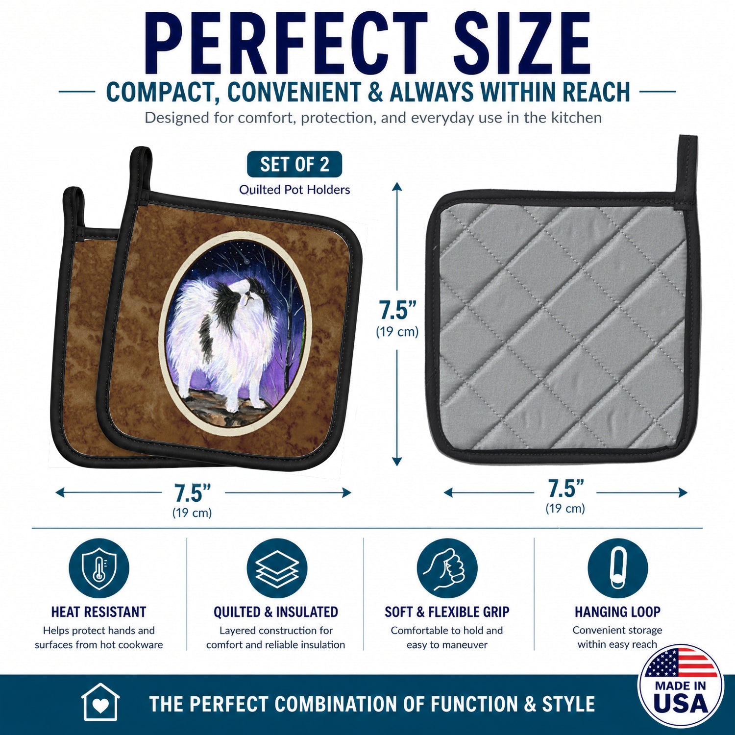 Japanese Chin Pot Holder Set of 2 Heat Resistant Quilted Hot Pads 7.5 x 7.5 Inch, Insulated Kitchen Trivets for Cooking & Baking