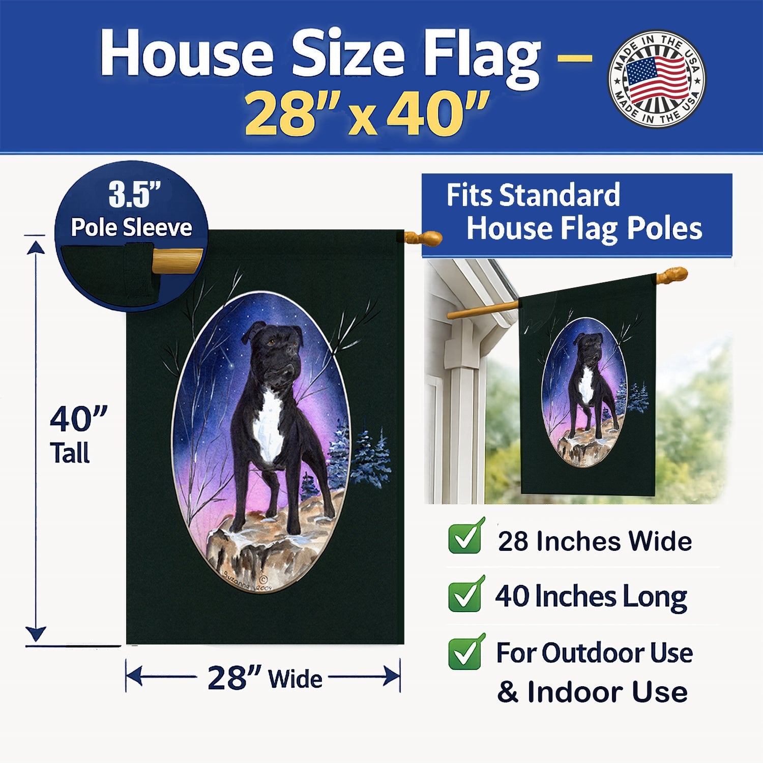 Staffie House Flag 28x40 Porch Sleeve Pole Decorative Outside Yard Banner Artwork Wall Hanging, Polyester