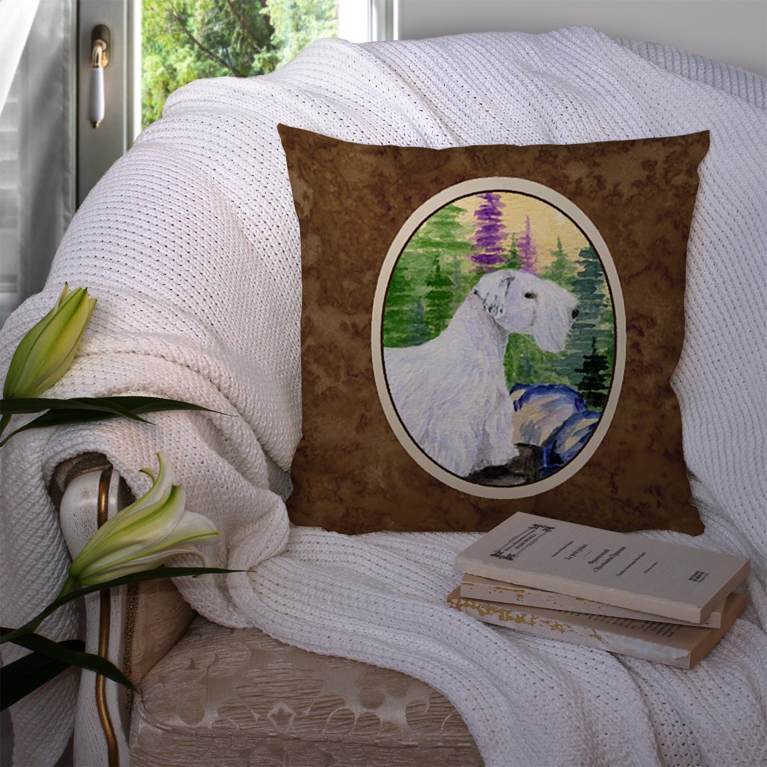 Sealyham Terrier Decorative Throw Pillow 14x14 Indoor Outdoor Accent Cushion, Fabric Cover with Insert for Sofa, Bed, Porch & Living Room