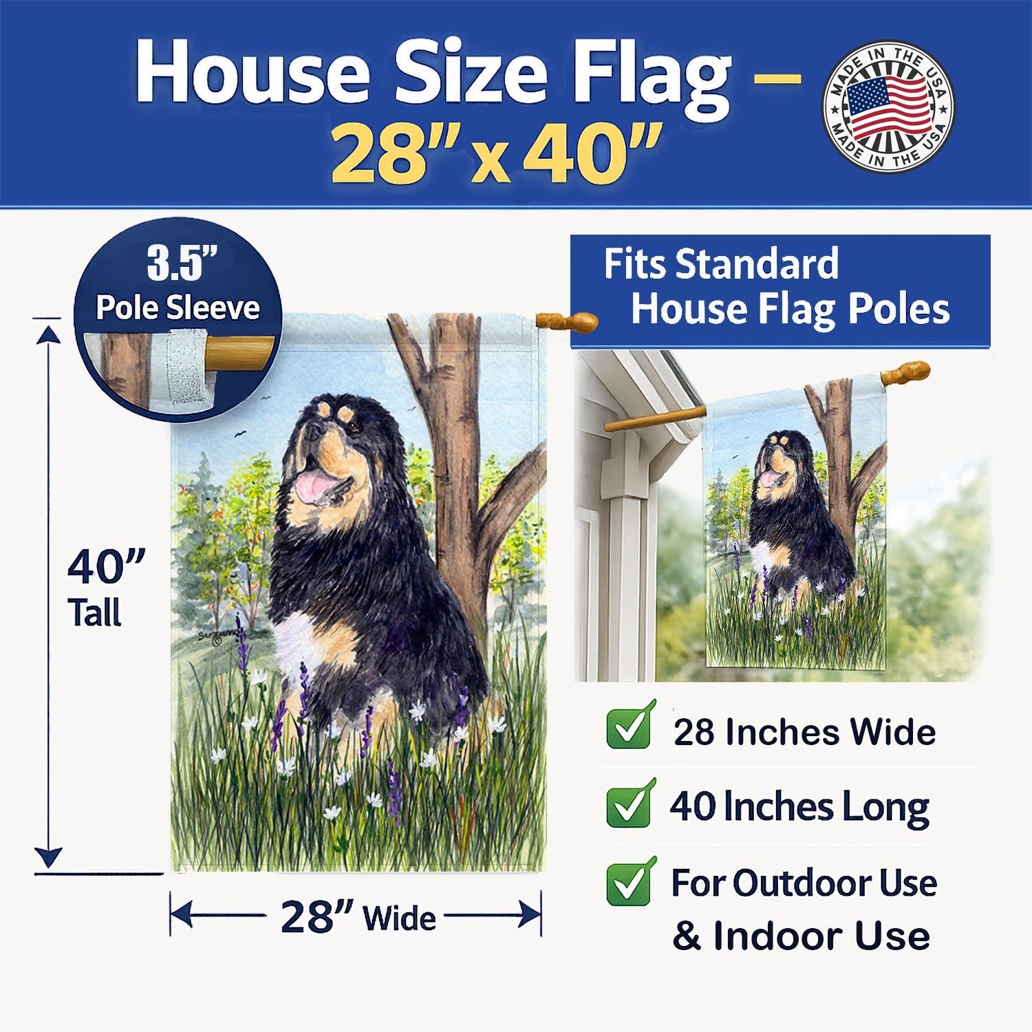 Tibetan Mastiff House Flag 28x40 Porch Sleeve Pole Decorative Outside Yard Banner Artwork Wall Hanging, Polyester