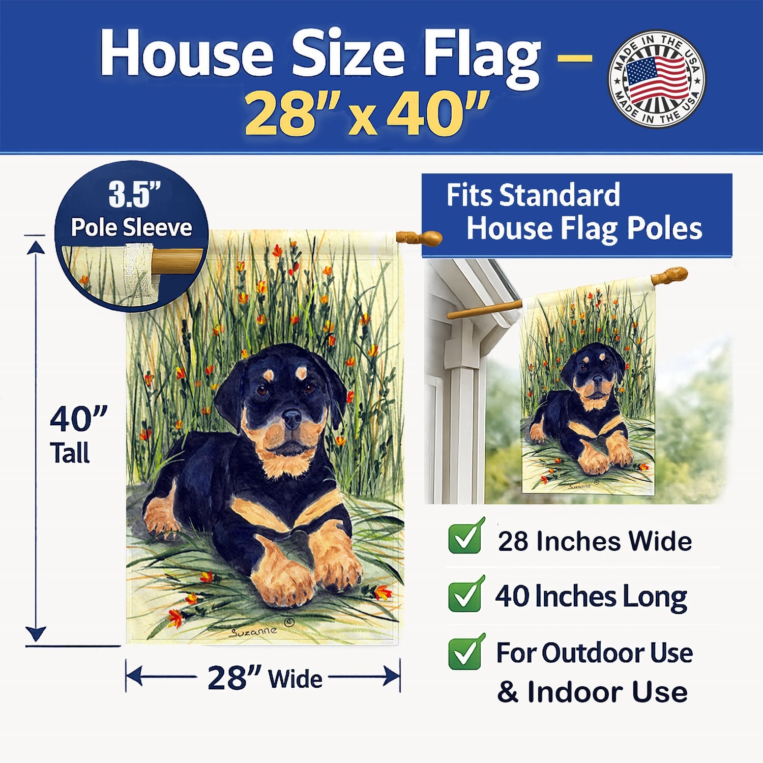 Rottweiler House Flag 28x40 Porch Sleeve Pole Decorative Outside Yard Banner Artwork Wall Hanging, Polyester