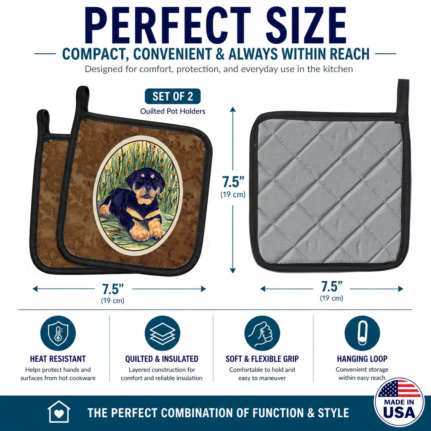 Rottweiler Pot Holder Set of 2 Heat Resistant Quilted Hot Pads 7.5 x 7.5 Inch, Insulated Kitchen Trivets for Cooking & Baking