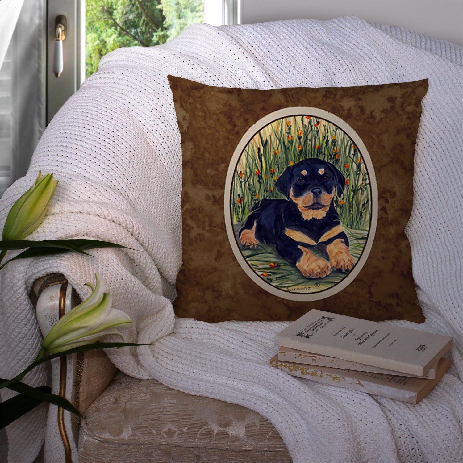 Rottweiler Decorative Throw Pillow 14x14 Indoor Outdoor Accent Cushion, Fabric Cover with Insert for Sofa, Bed, Porch & Living Room