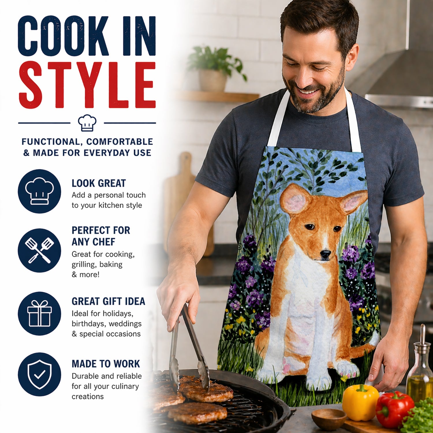 Basenji Apron Cooking Kitchen Server Baking Crafts Gardening for Adult Women Men, Unisex, Large, Multicolor