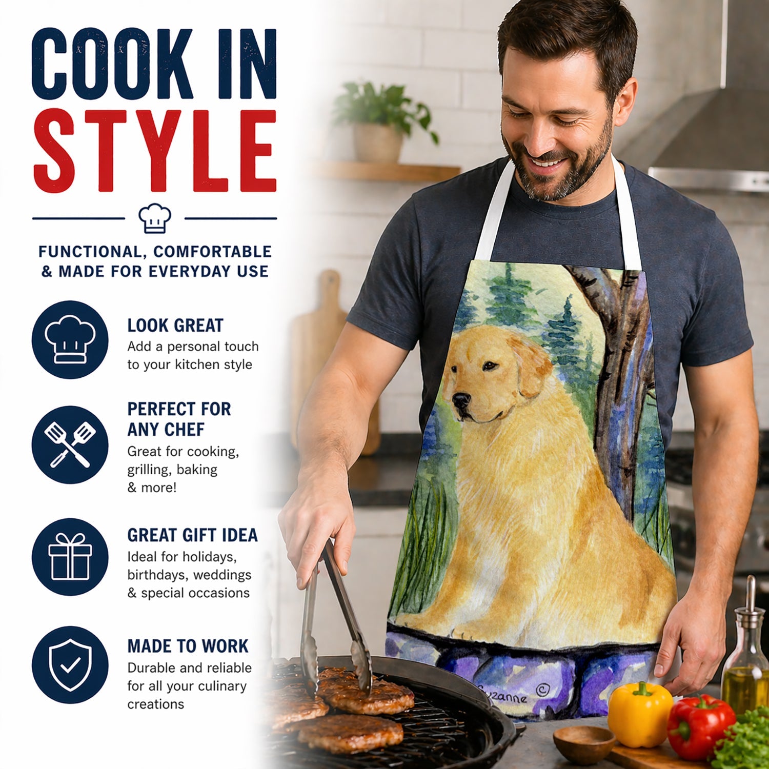 Golden Retriever Apron Cooking Kitchen Server Baking Crafts Gardening for Adult Women Men, Unisex, Large, Multicolor