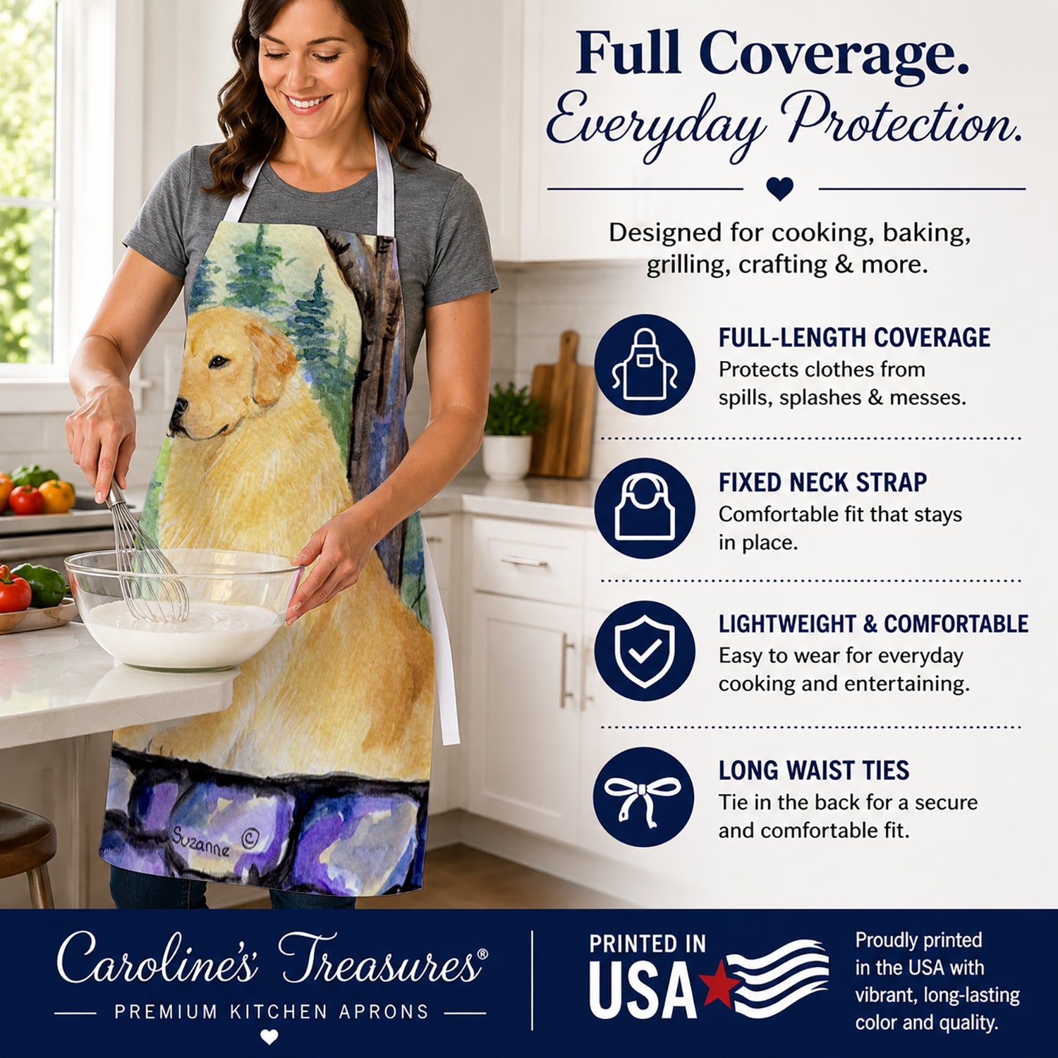 Golden Retriever Apron Cooking Kitchen Server Baking Crafts Gardening for Adult Women Men, Unisex, Large, Multicolor