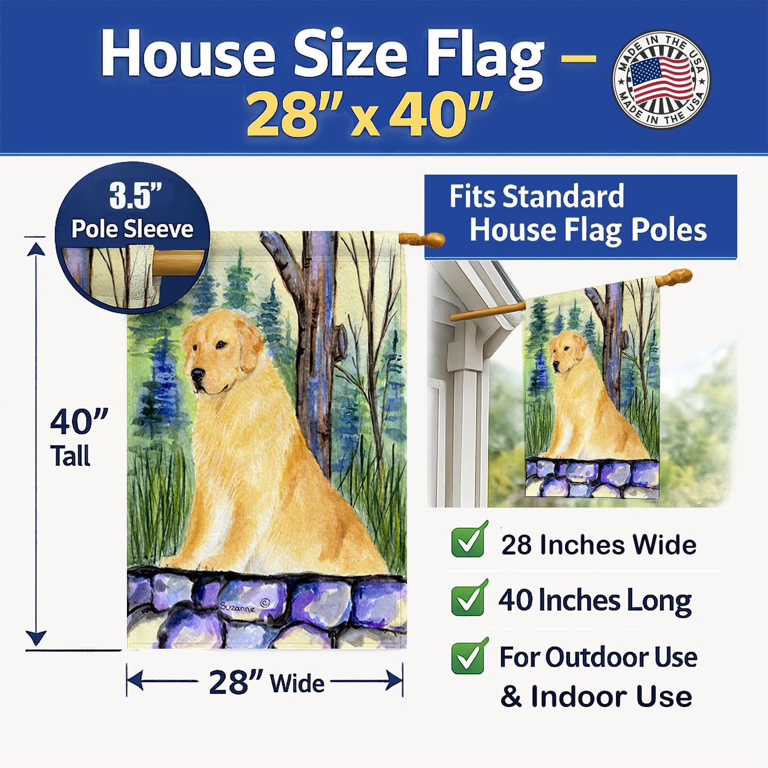 Golden Retriever House Flag 28x40 Porch Sleeve Pole Decorative Outside Yard Banner Artwork Wall Hanging, Polyester
