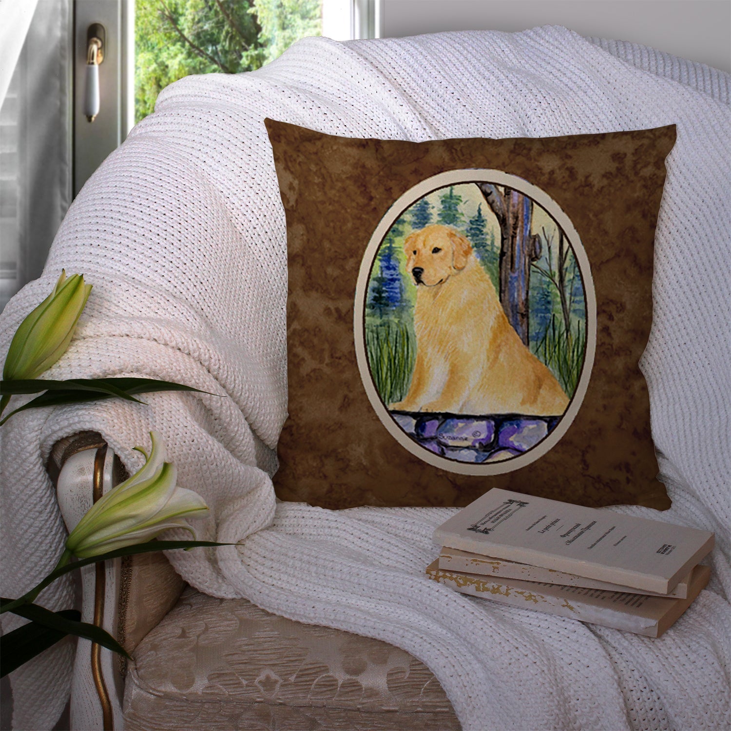 Golden Retriever Decorative Throw Pillow 14x14 Indoor Outdoor Accent Cushion, Fabric Cover with Insert for Sofa, Bed, Porch & Living Room
