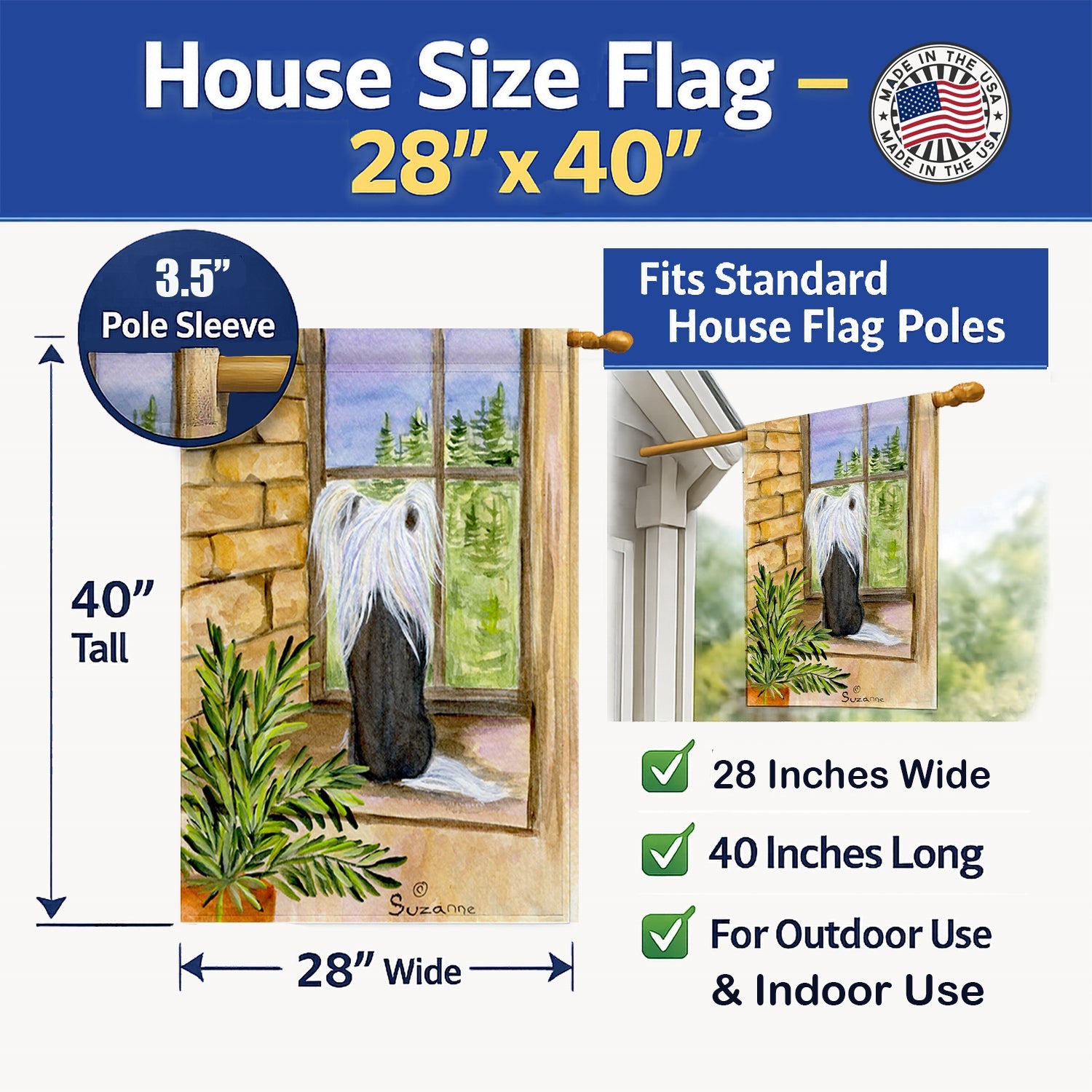 Chinese Crested House Flag 28x40 Porch Sleeve Pole Decorative Outside Yard Banner Artwork Wall Hanging, Polyester