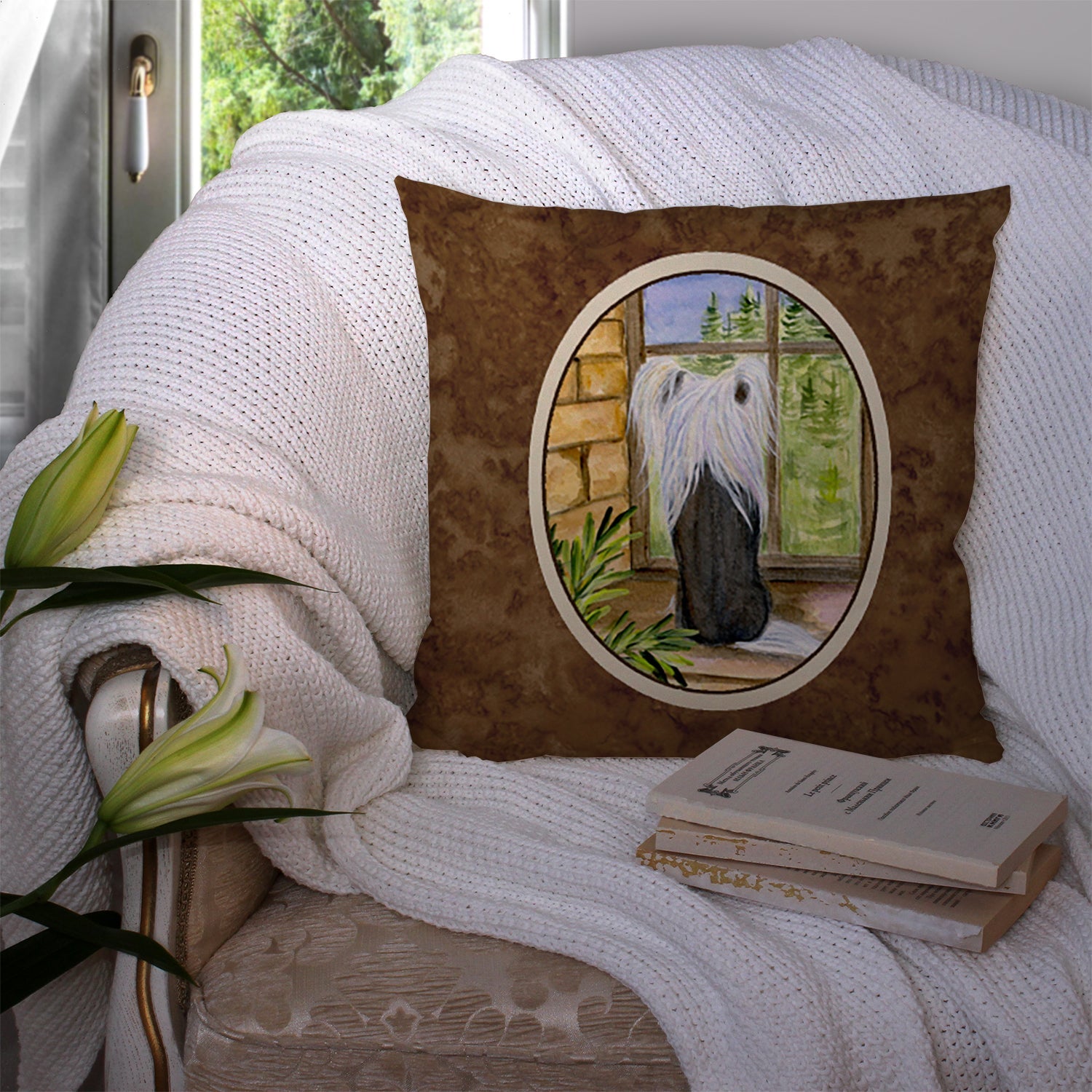 Chinese Crested Decorative Throw Pillow 14x14 Indoor Outdoor Accent Cushion, Fabric Cover with Insert for Sofa, Bed, Porch & Living Room