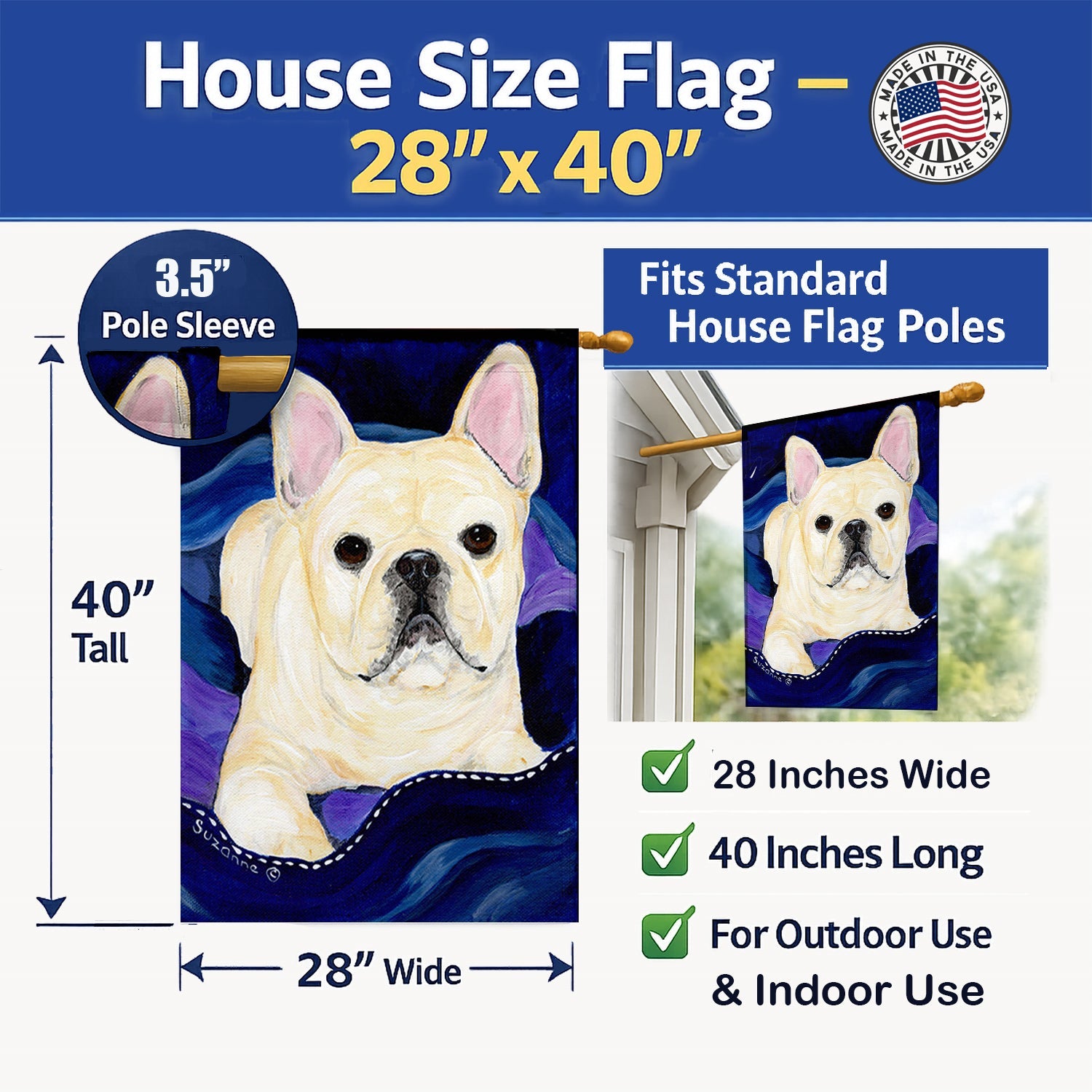 French Bulldog House Flag 28x40 Porch Sleeve Pole Decorative Outside Yard Banner Artwork Wall Hanging, Polyester