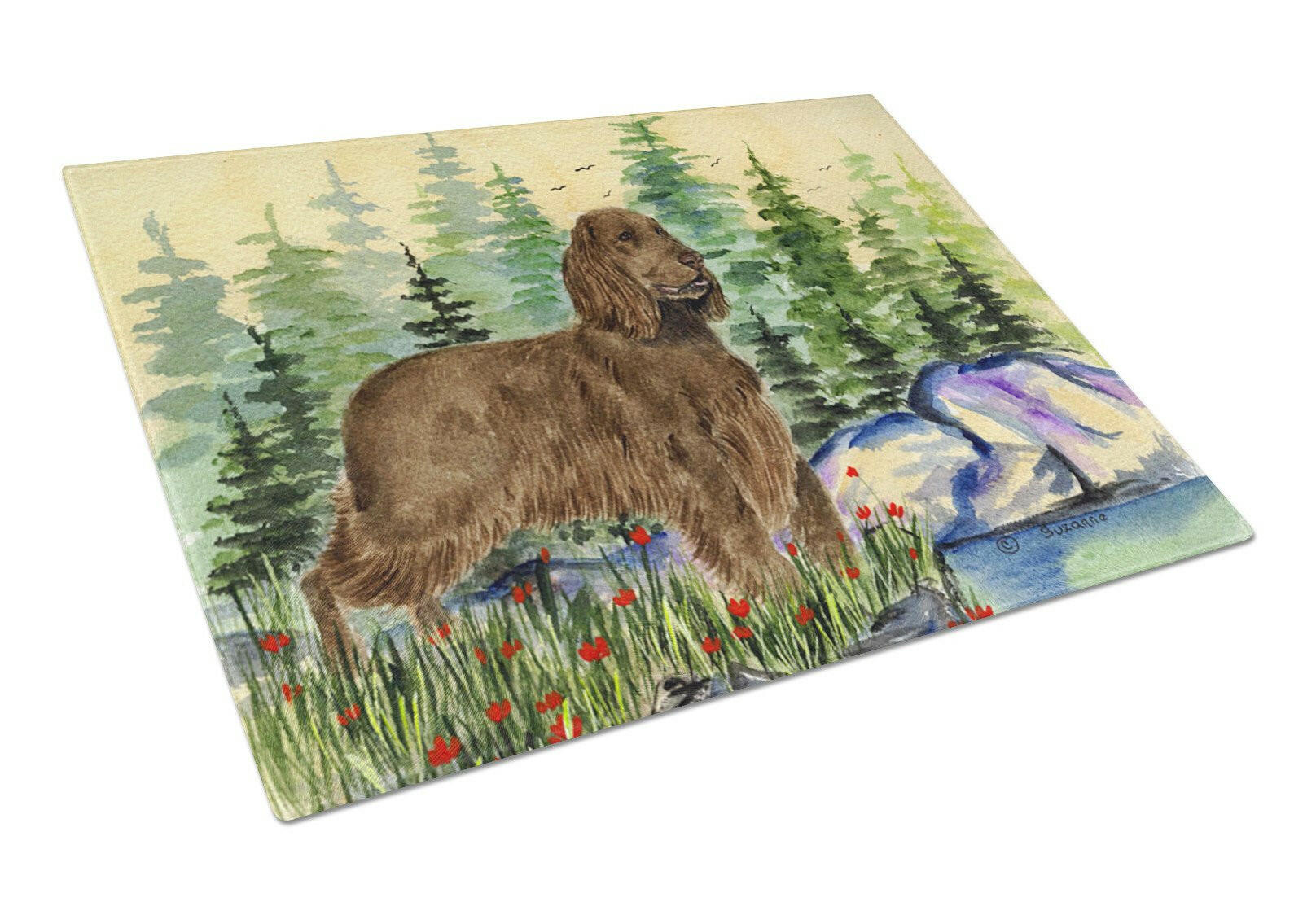 Field Spaniel Cutting Board Tempered Glass Kitchen Cutting Surface, Heat Resistant Chopping, Non-Slip Feet, Food Prep & Serving