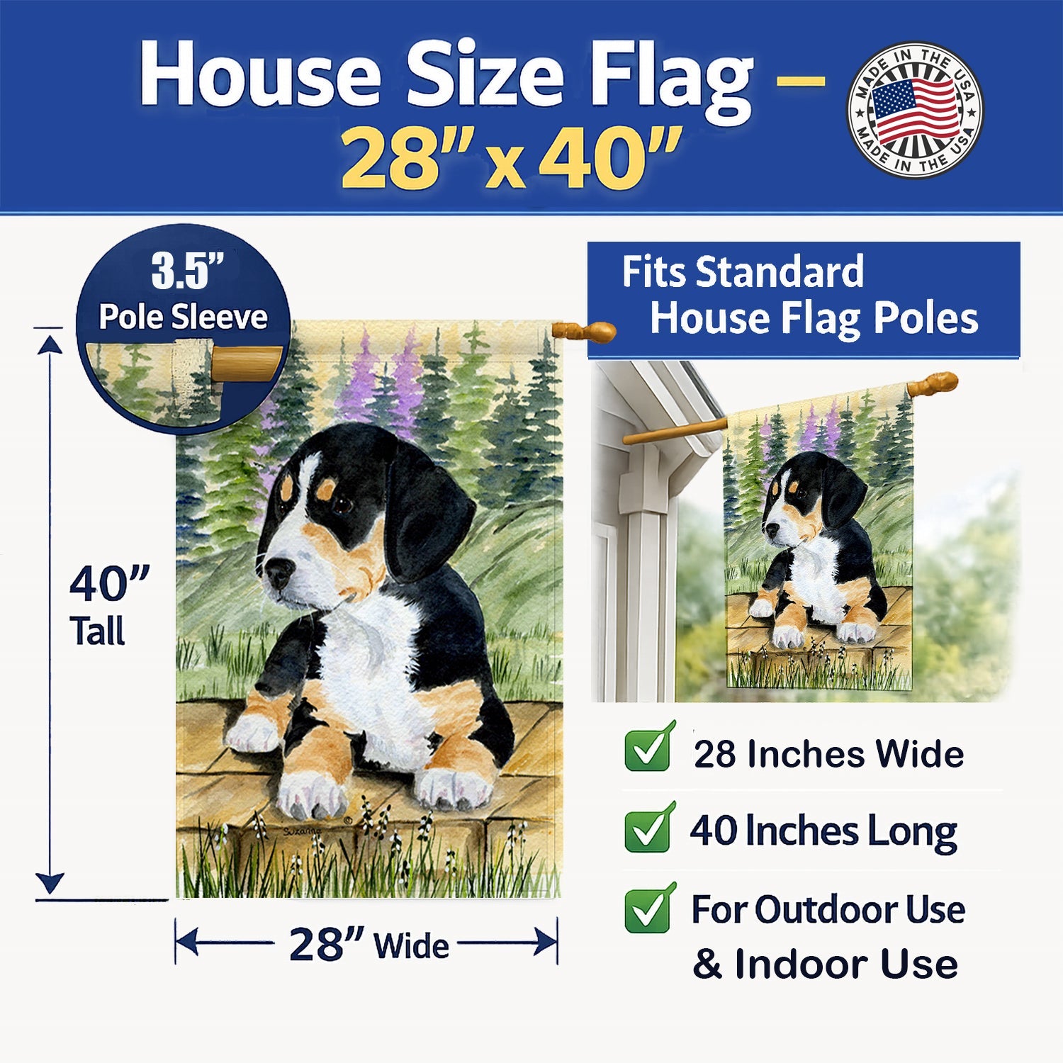 Entlebucher Mountain Dog House Flag 28x40 Porch Sleeve Pole Decorative Outside Yard Banner Artwork Wall Hanging, Polyester