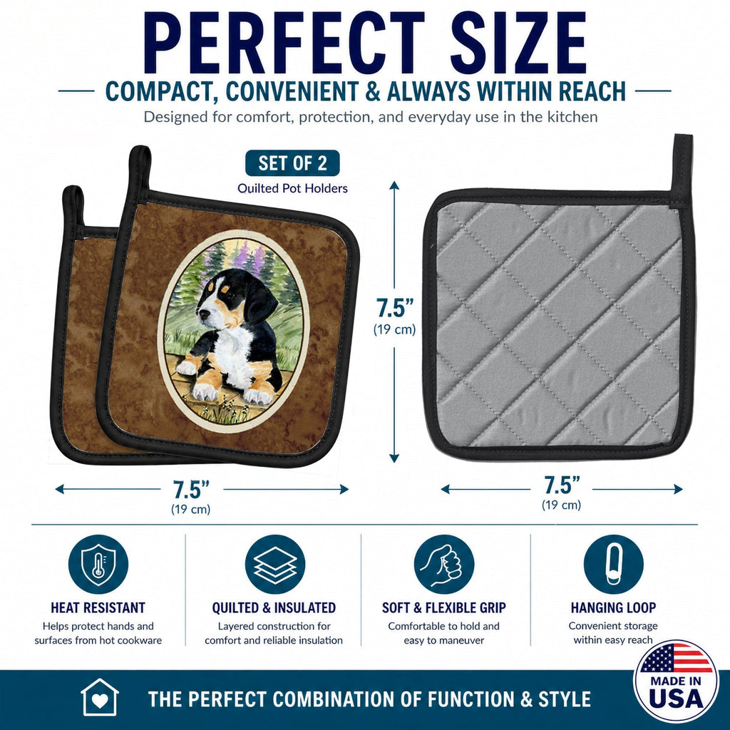 Entlebucher Mountain Dog Pot Holder Set of 2 Heat Resistant Quilted Hot Pads 7.5 x 7.5 Inch, Insulated Kitchen Trivets for Cooking & Baking