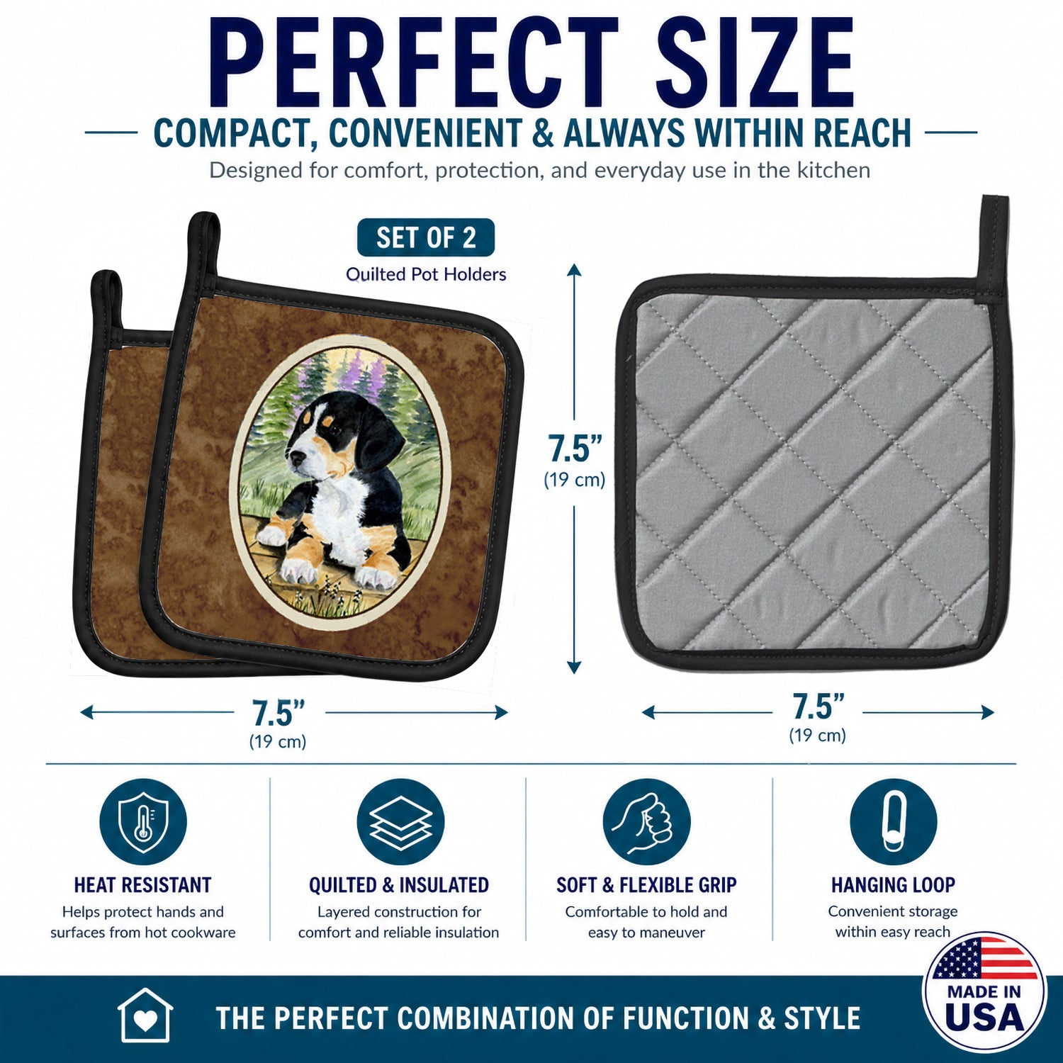 Entlebucher Mountain Dog Pot Holder Set of 2 Heat Resistant Quilted Hot Pads 7.5 x 7.5 Inch, Insulated Kitchen Trivets for Cooking & Baking