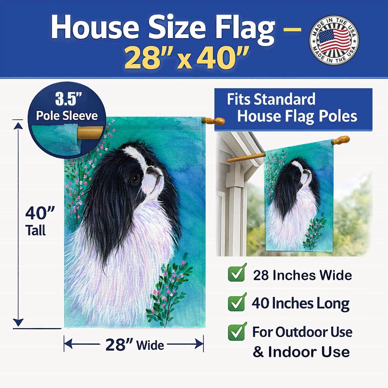 Japanese Chin House Flag 28x40 Porch Sleeve Pole Decorative Outside Yard Banner Artwork Wall Hanging, Polyester