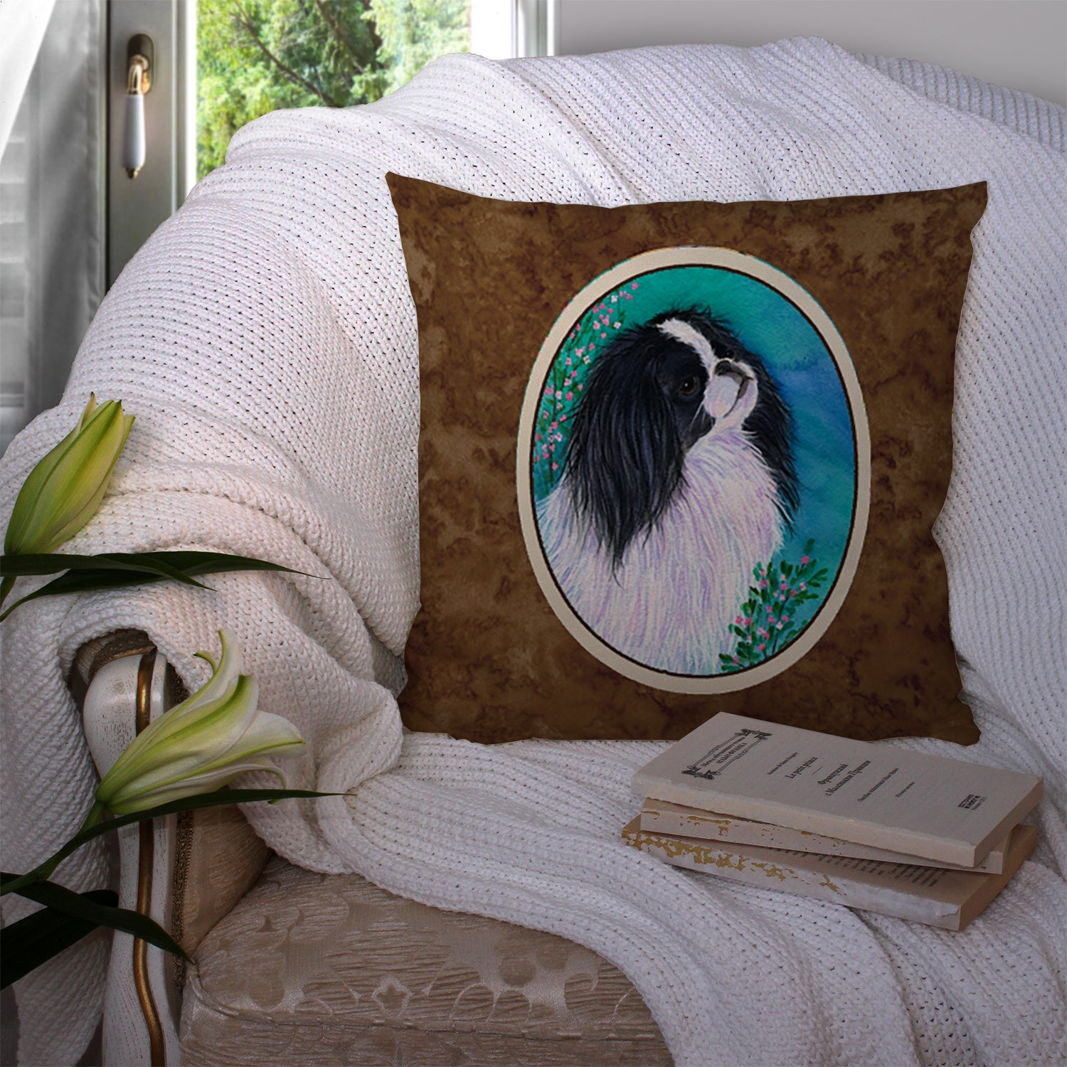 Japanese Chin Decorative Throw Pillow 14x14 Indoor Outdoor Accent Cushion, Fabric Cover with Insert for Sofa, Bed, Porch & Living Room