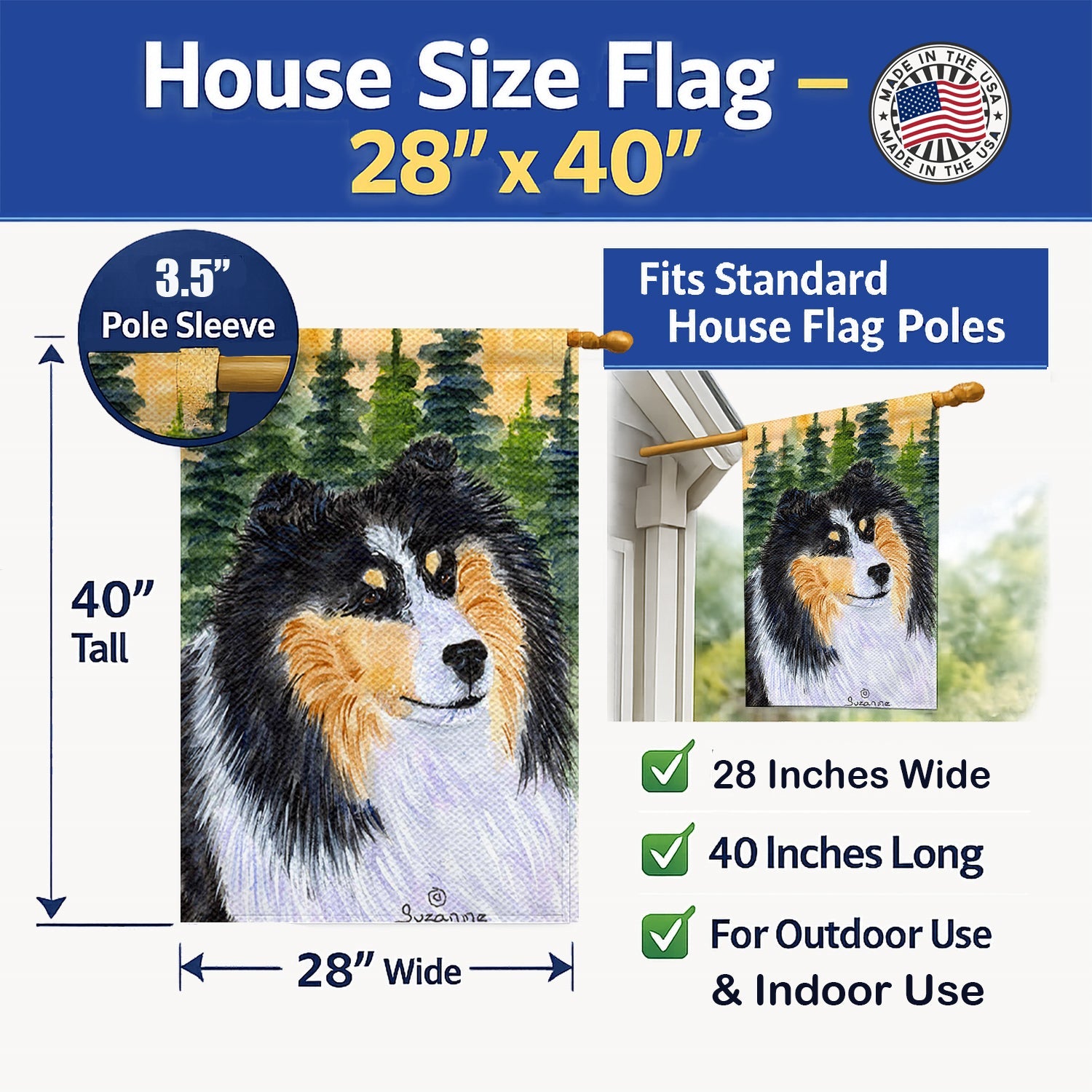 Sheltie House Flag 28x40 Porch Sleeve Pole Decorative Outside Yard Banner Artwork Wall Hanging, Polyester