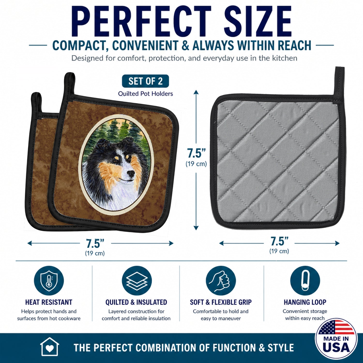 Sheltie Pot Holder Set of 2 Heat Resistant Quilted Hot Pads 7.5 x 7.5 Inch, Insulated Kitchen Trivets for Cooking & Baking