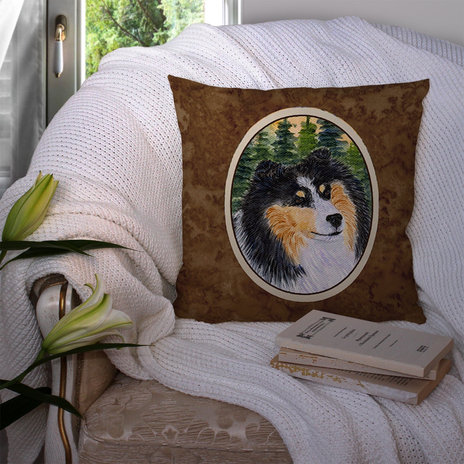 Sheltie Decorative Throw Pillow 14x14 Indoor Outdoor Accent Cushion, Fabric Cover with Insert for Sofa, Bed, Porch & Living Room