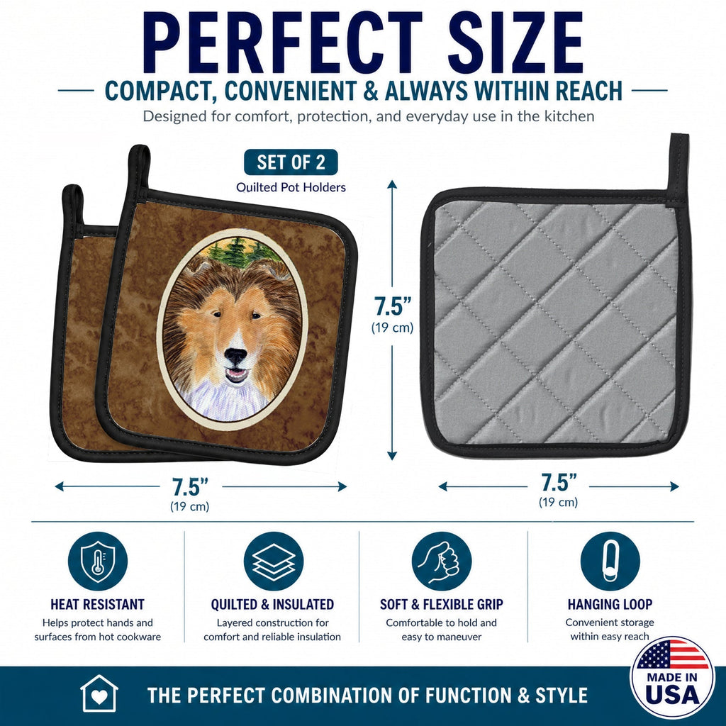 Sheltie Pot Holder Set of 2 Heat Resistant Quilted Hot Pads 7.5 x 7.5 Inch, Insulated Kitchen Trivets for Cooking & Baking