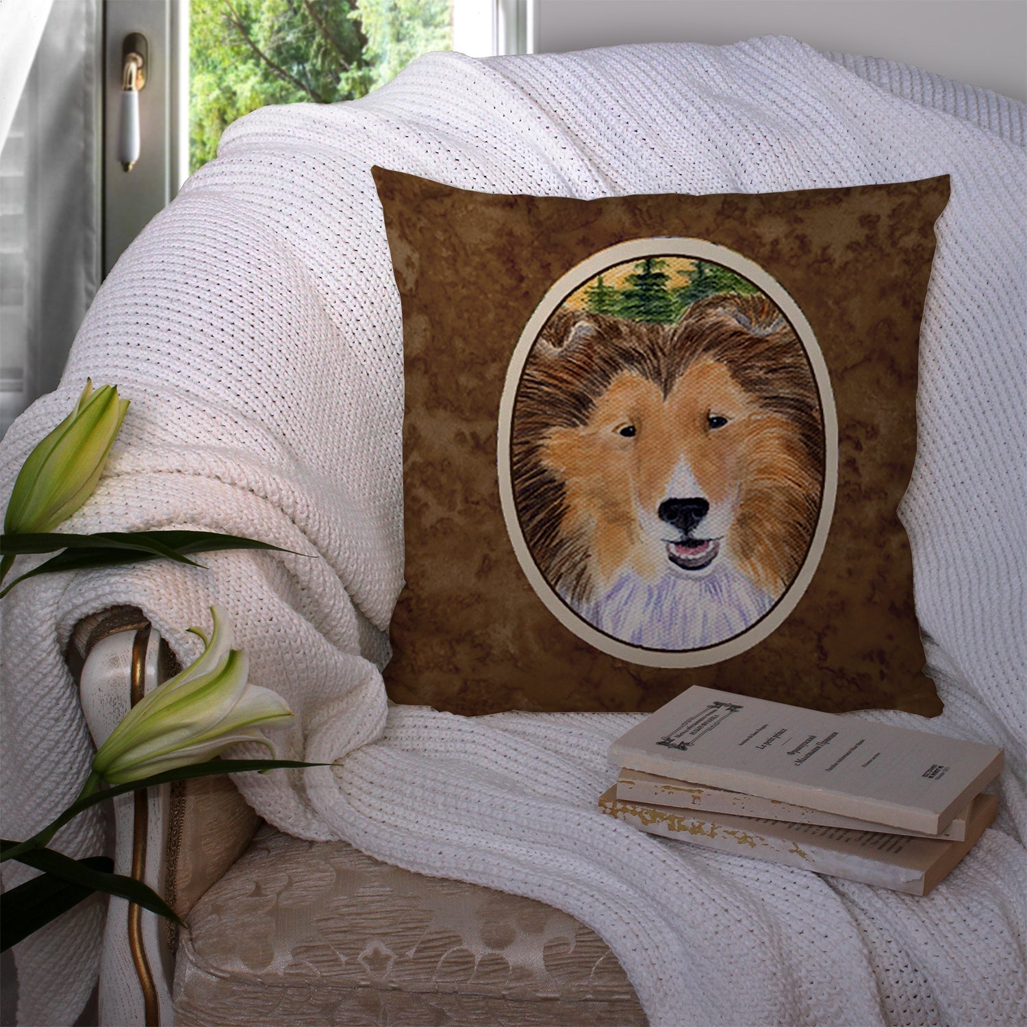 Sheltie Decorative Throw Pillow 14x14 Indoor Outdoor Accent Cushion, Fabric Cover with Insert for Sofa, Bed, Porch & Living Room